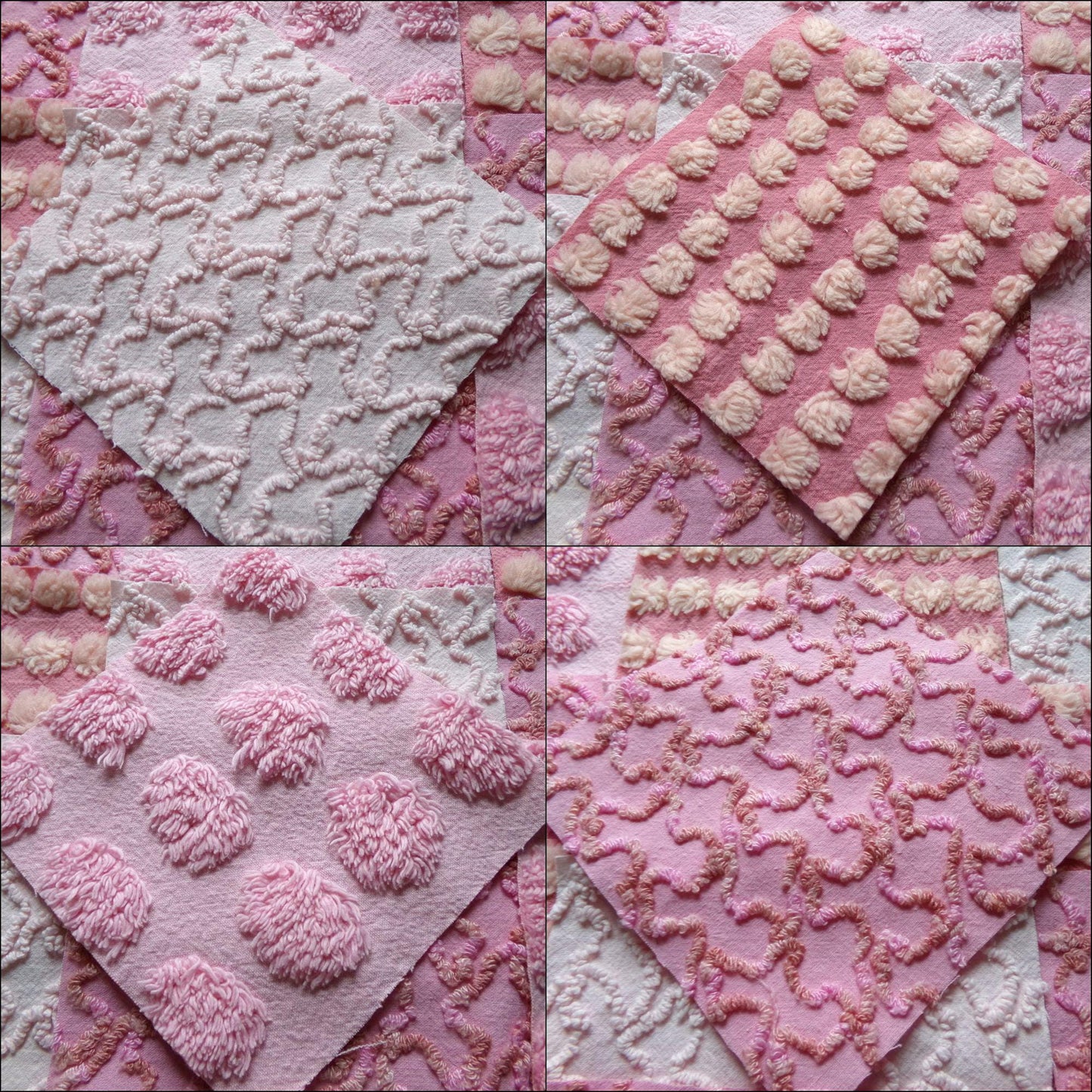perky pinks chenille fabric squares, 16 vintage 6" quilt blocks in pops & squiggle texture, for sewing, crafts, fiber arts
