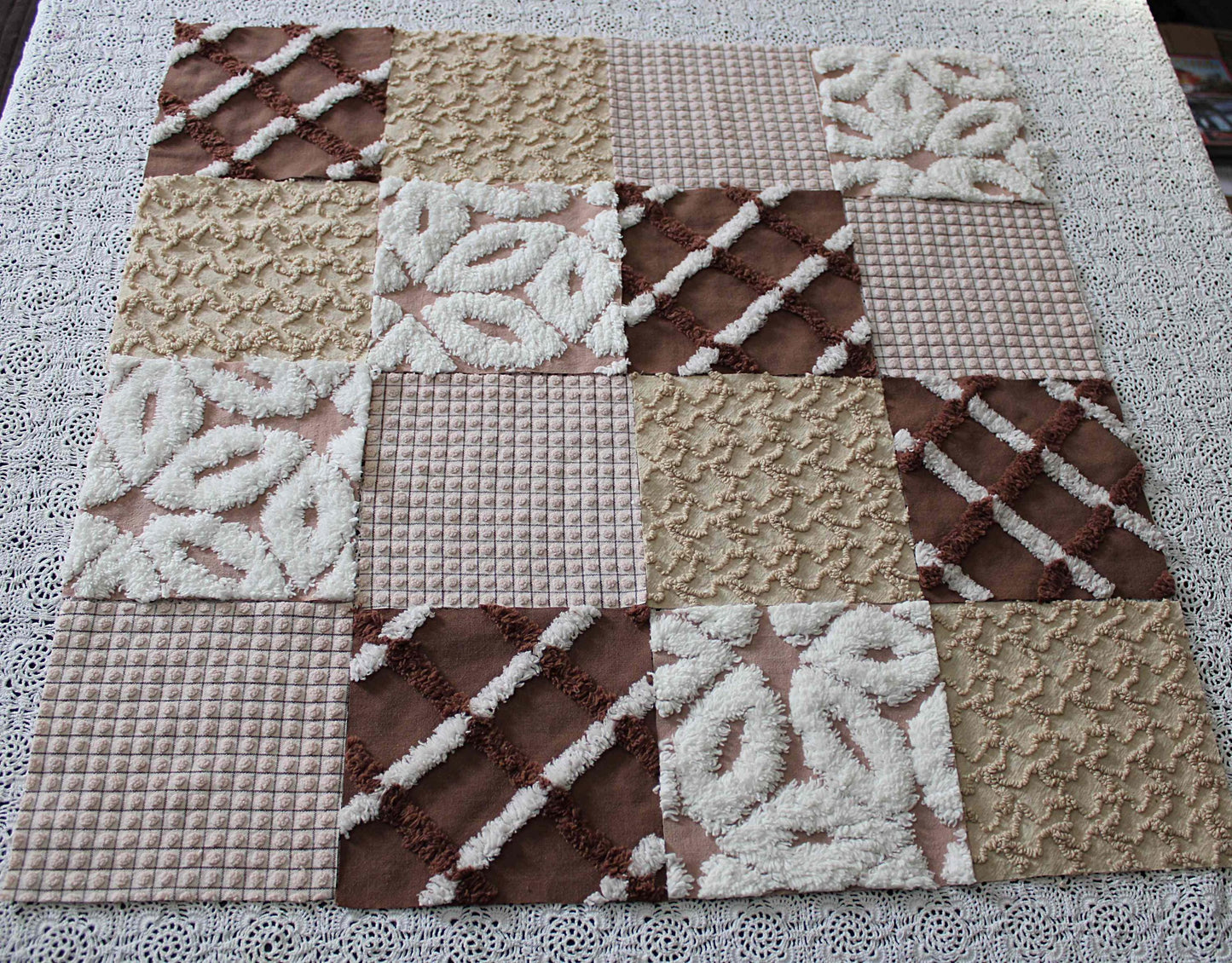 boho browns chenille fabric squares, 16 vintage quilt blocks, 6" x 6" inches ea, great for hippie inspired craft projects