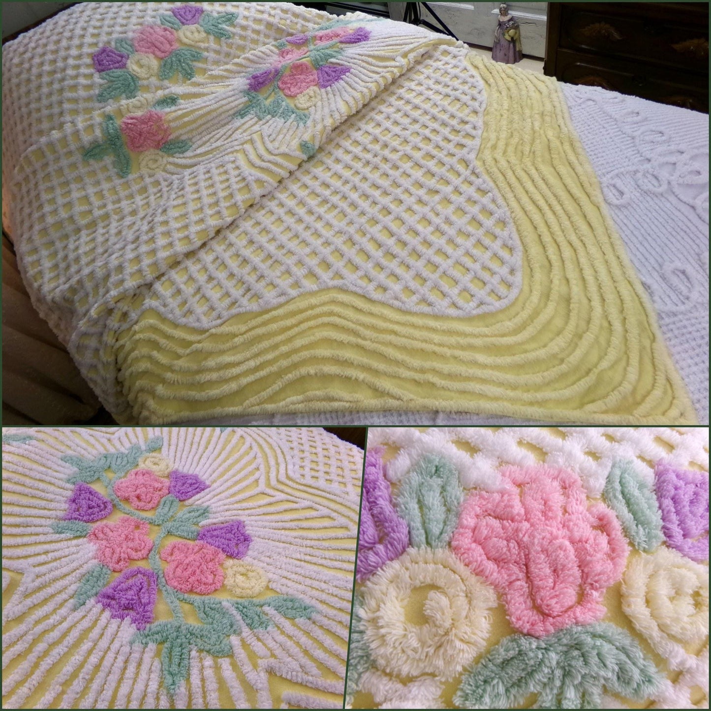 just joyful vintage chenille bedspread in cheery yellow with springtime flowers, full size bedding, 100% quality cotton