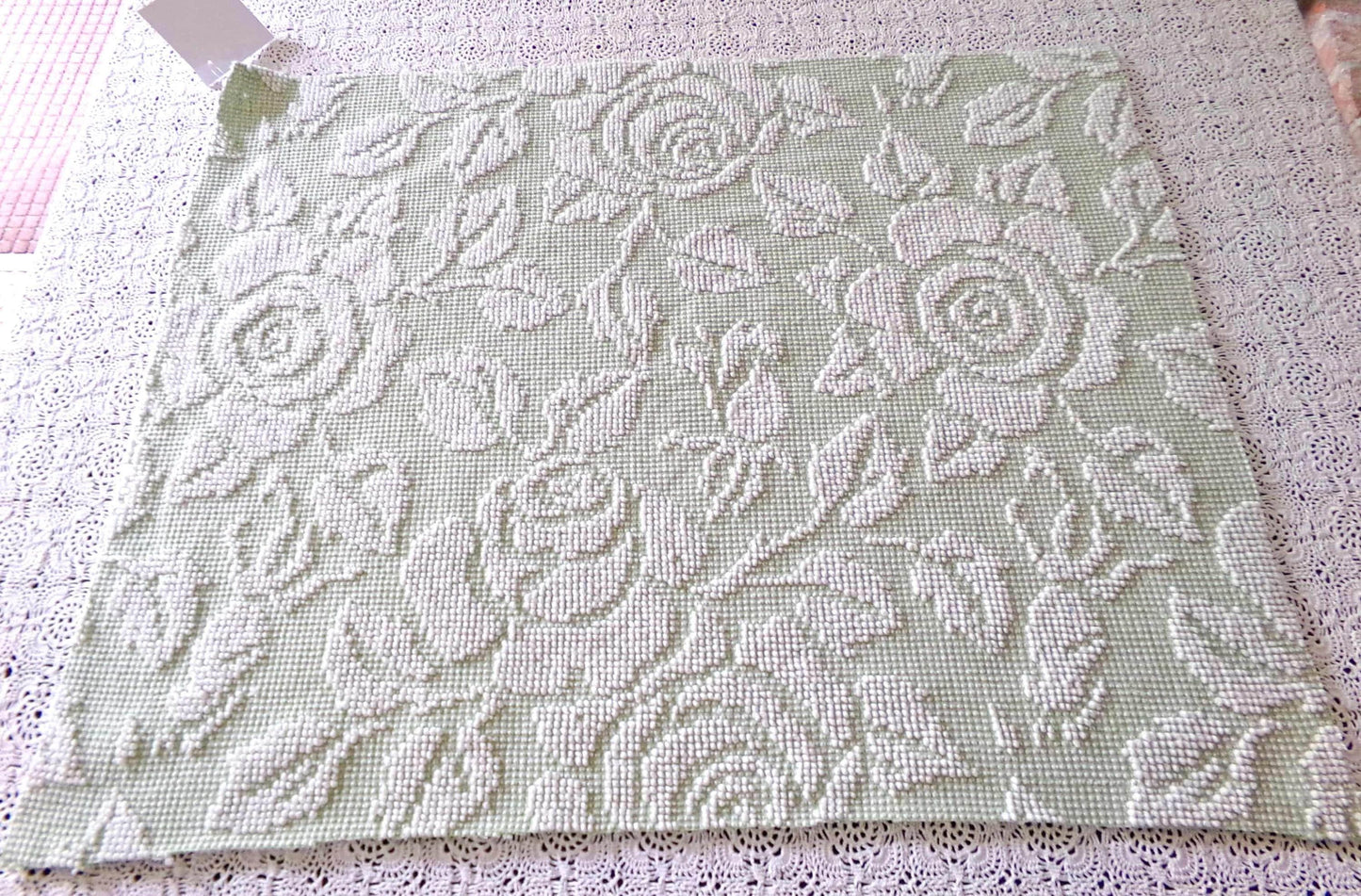 Sage Green Creamy White Cabbage Rose Chenille Fabric, 19" x 23" inch Piece, Vintage Fieldcrest Reversible Hobnail Design, Durable & Strong