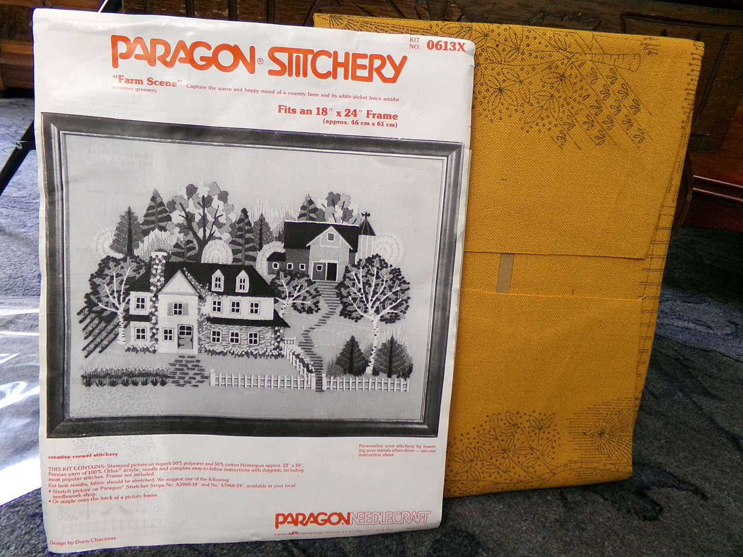 FARM SCENE Vintage Crewel Embroidery Kit Hippie Country House, Paragon Needlecraft Stitchery, Kit# 0613X, Design by Doris Chaconas