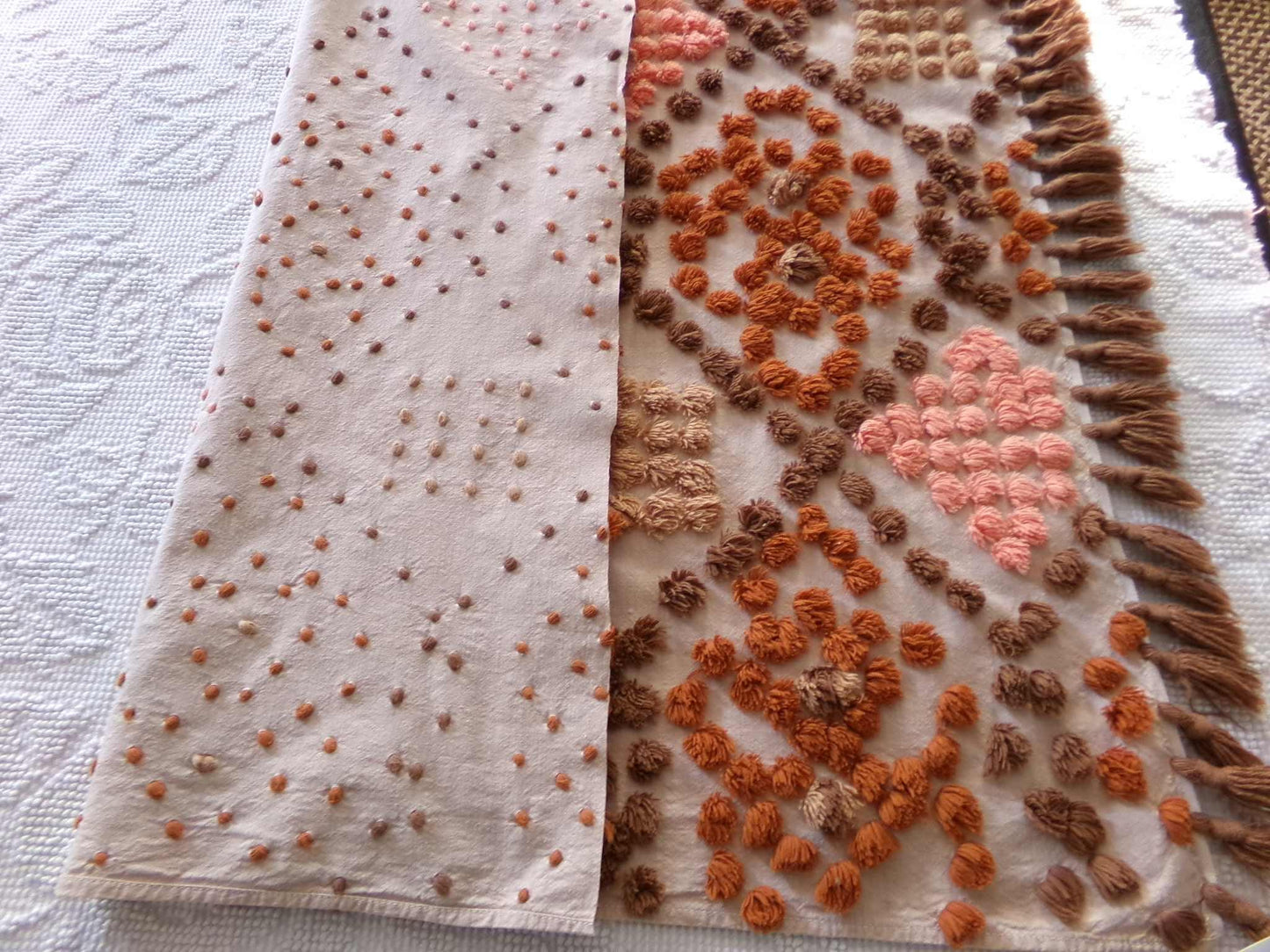 boho vintage chenille fabric, earthtones toasted brown, rust, sunset peach, 21" x 24" cut piece hippie style cotton sewing material