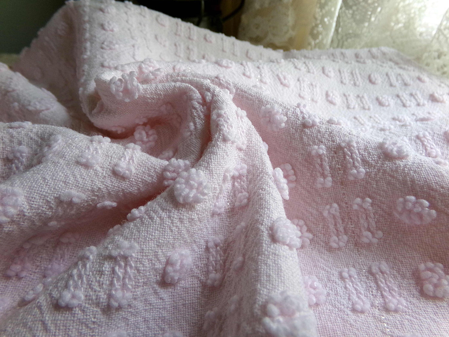 Pink Wink Vintage Chenille Fabric, Cute Tiny Dot Dash Pattern, 18" x 24" inch Piece, for Sewing Material