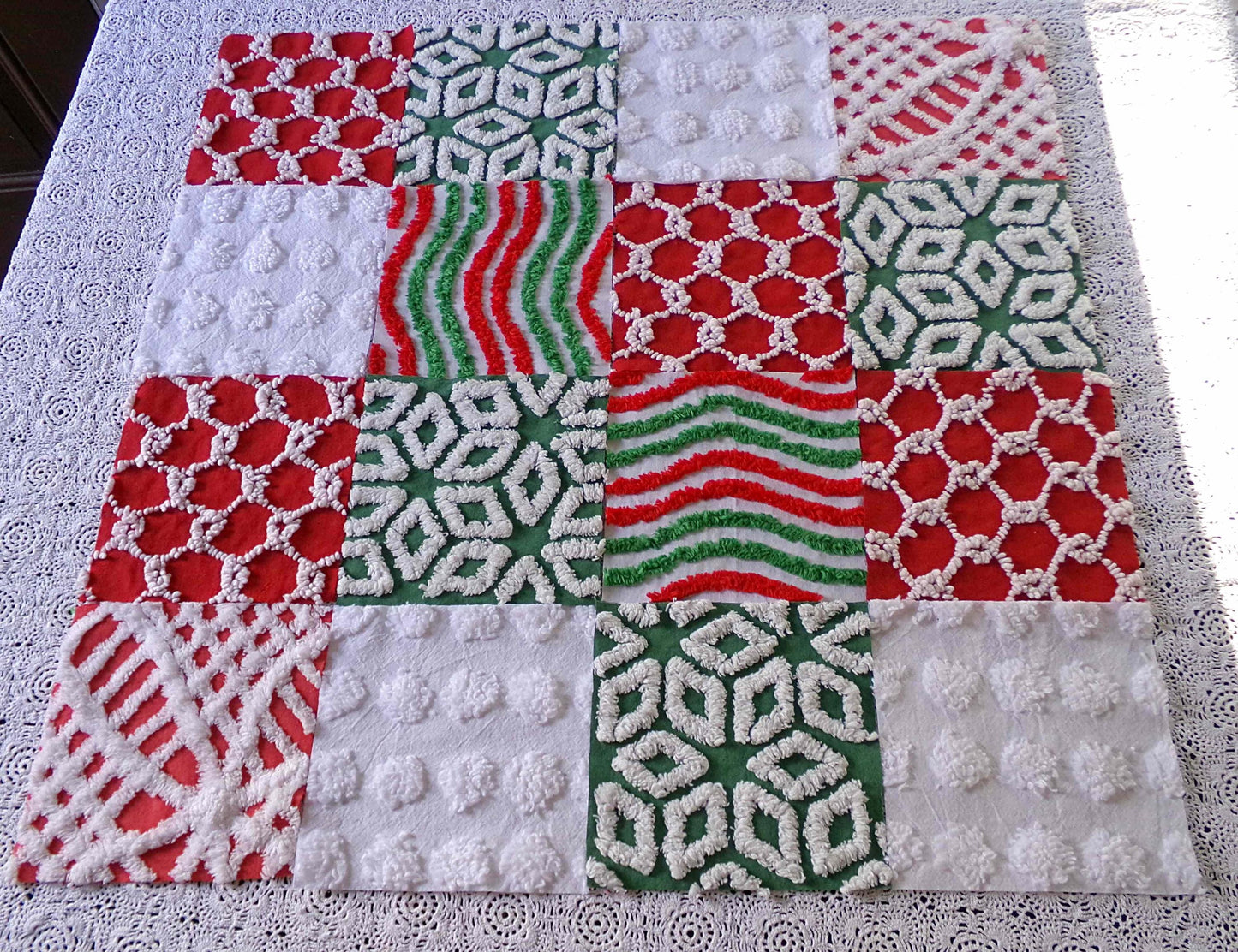 Christmas chenille fabric squares, red, white & green, 16 vintage quilt blocks 6" x 6" inch, for xmas stockings, pillows, quilting, crafts