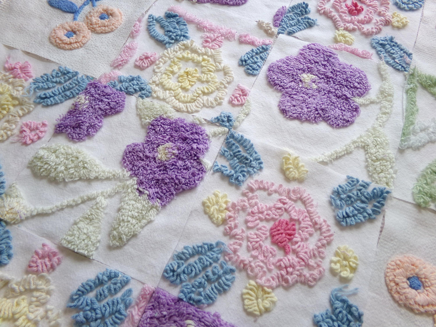 shabby floral vintage chenille fabric squares: spring flowers set of 16 floral 6" quilt blocks
