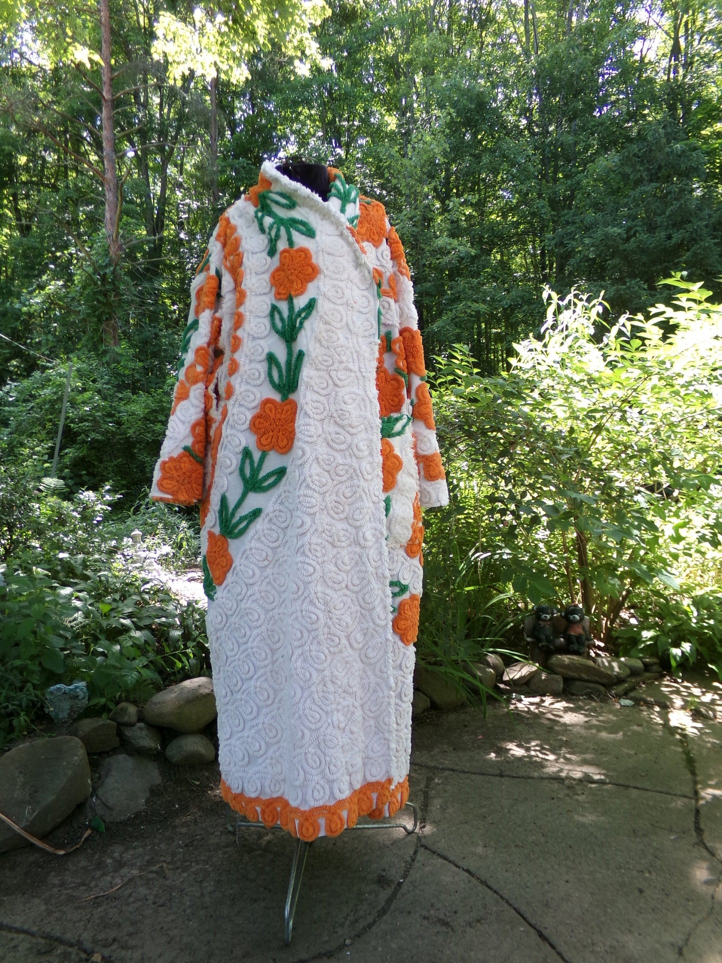 Plush & Warm Women's Chenille Robe, "Citrus Dreams" Bathrobe Upcycled from Vintage Chenille Bedspread Fabrics, Size L XL 1X