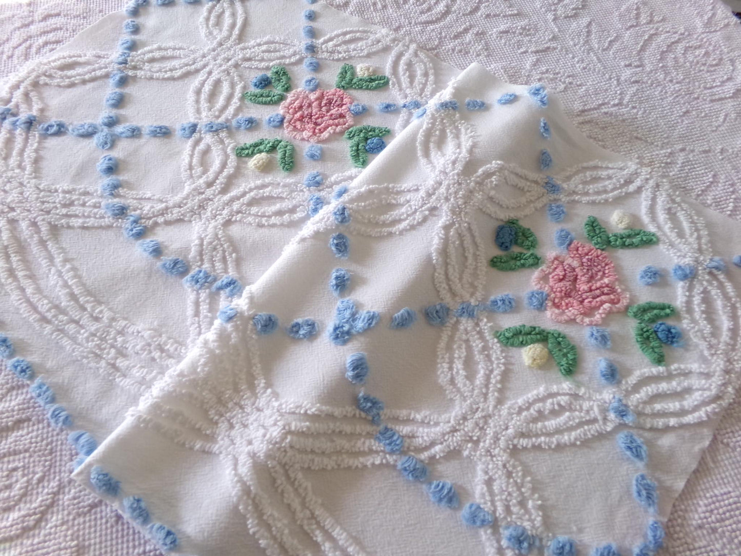 beach cottage fabric, cut from vintage chenille bedspread, 18" x 34" piece with 2 floral motifs, ideal for quilting & sewing