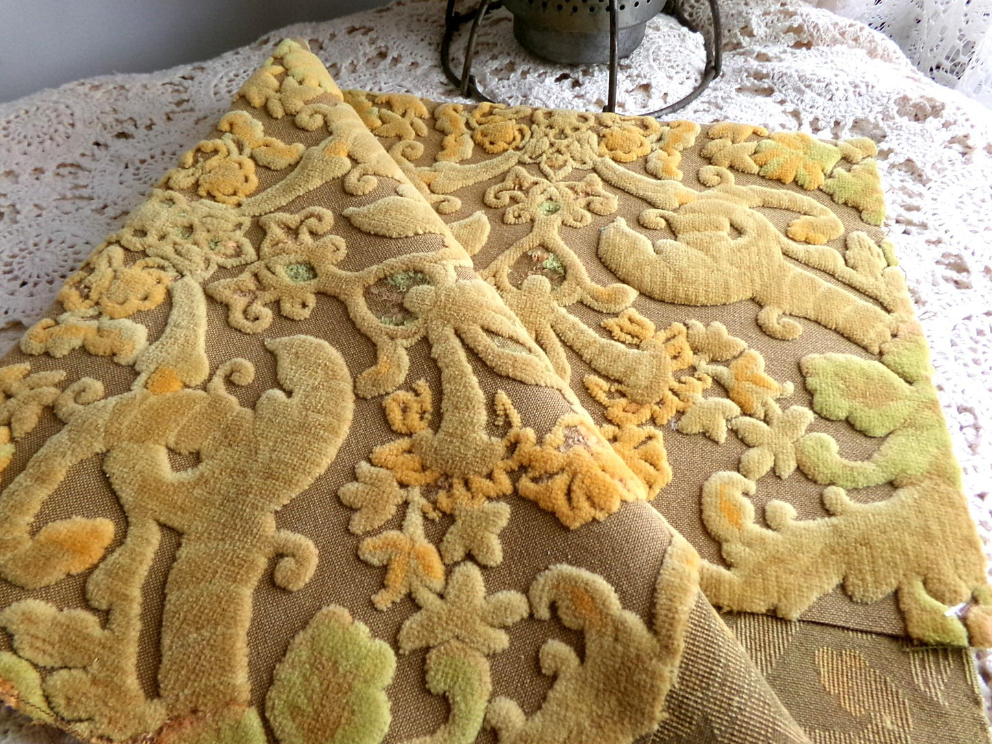 boho cut velvet fabric, shabby distressed vintage Bates tapestry style chenille material, 20.5" x 16.5" piece, popular in bags