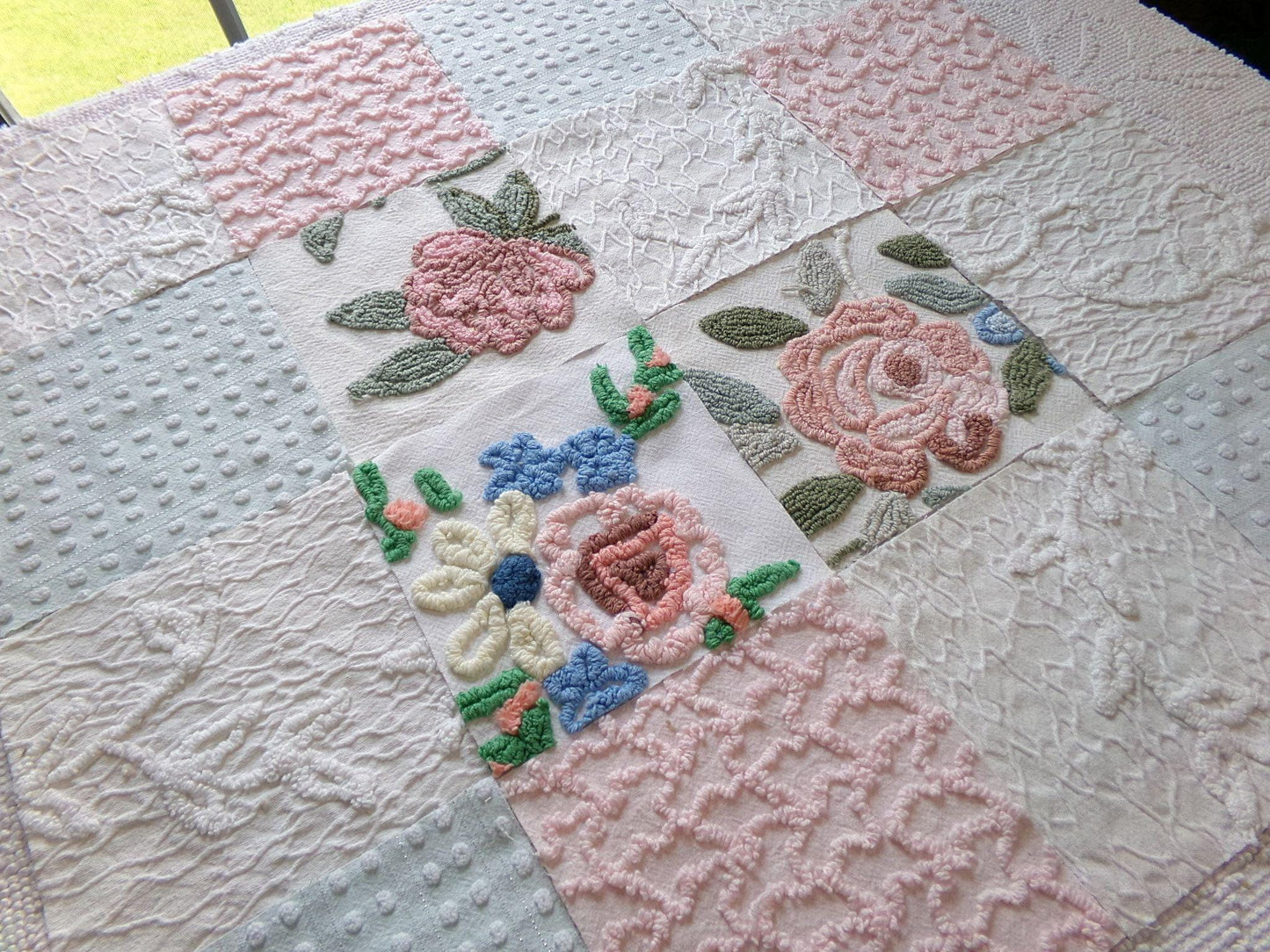 garden beauties vintage 6" chenille squares, set of 16 quilt blocks rotary cut from lovely vintage chenille & matelasse bedspread fabrics