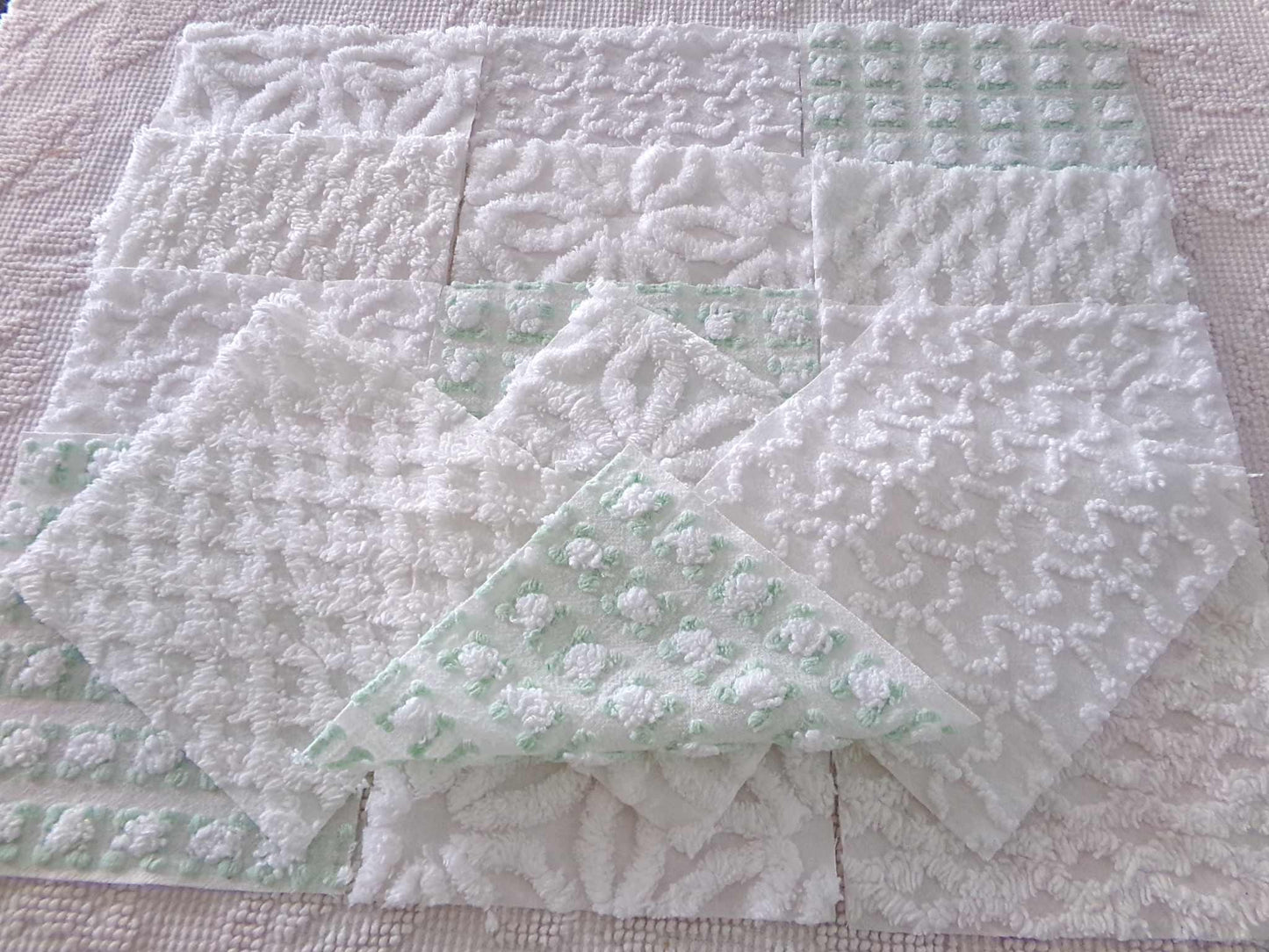 winter rose chenille fabric squares, white rosebud, daisy & geometric mix, vintage craft square set of 16 quilt blocks, 6" x 6" inch