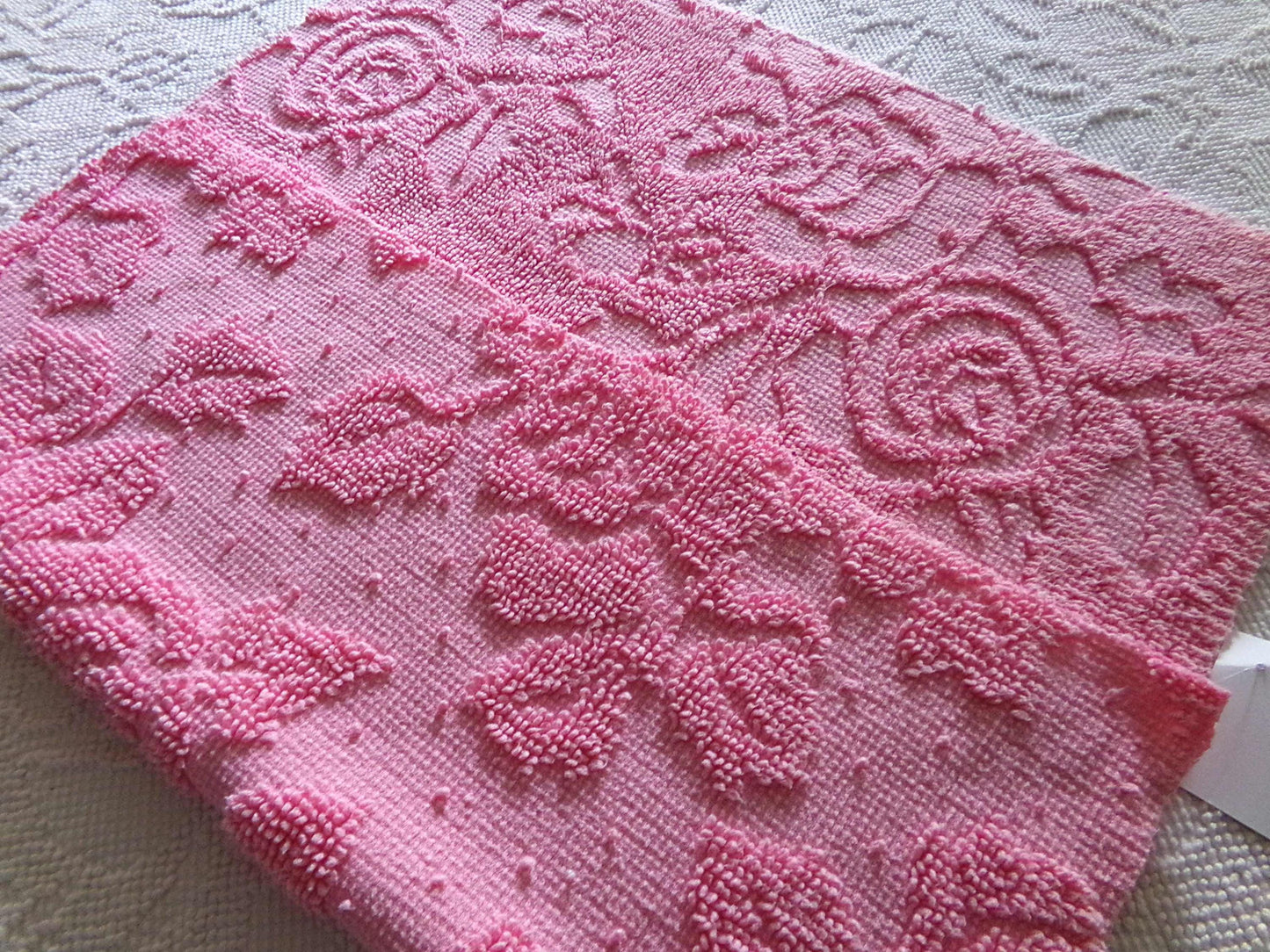 Romantic Pink Rose Dot Vintage Fabric, Reversible Chenille Woven Hobnail Design, 19" x 25" inches,