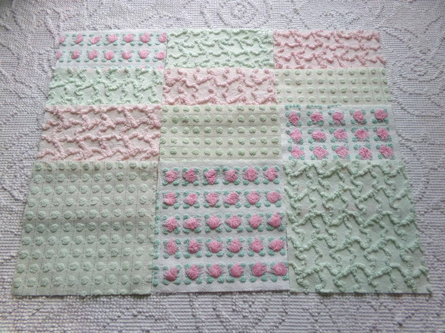 fairytale pink & green chenille fabric squares, set of 12 vintage 6" quilt blocks in crafty girl's dozen, popular squiggles, rosebud, dots