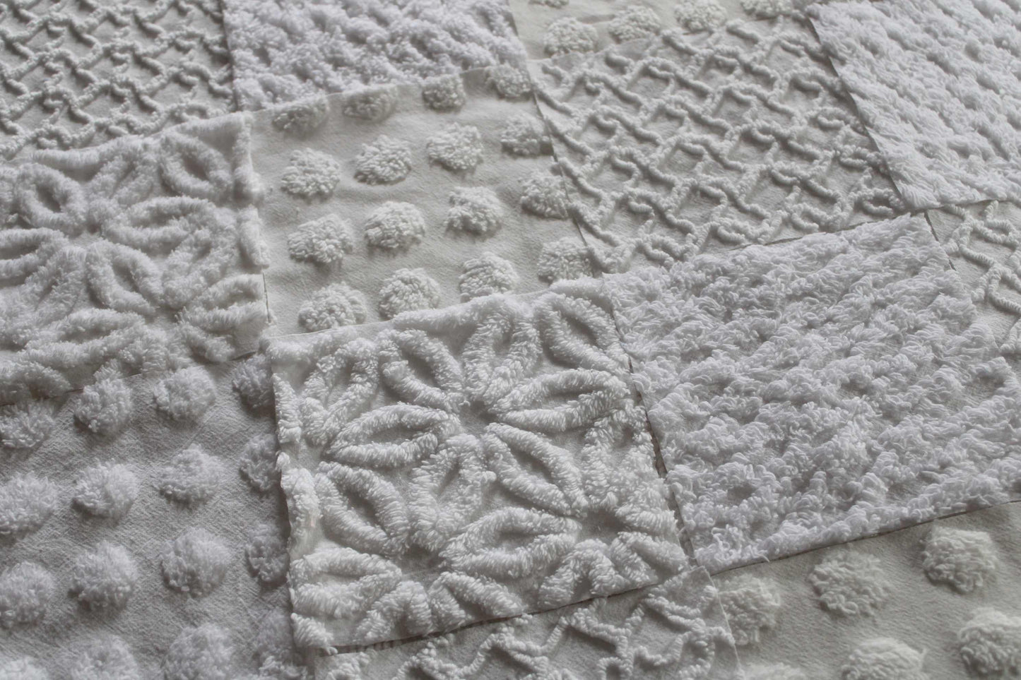 Fresh Snowfall Graceful White Chenille Quilt Squares Set, from Vintage Bedspread Fabric, 16 Blocks, 6" inch