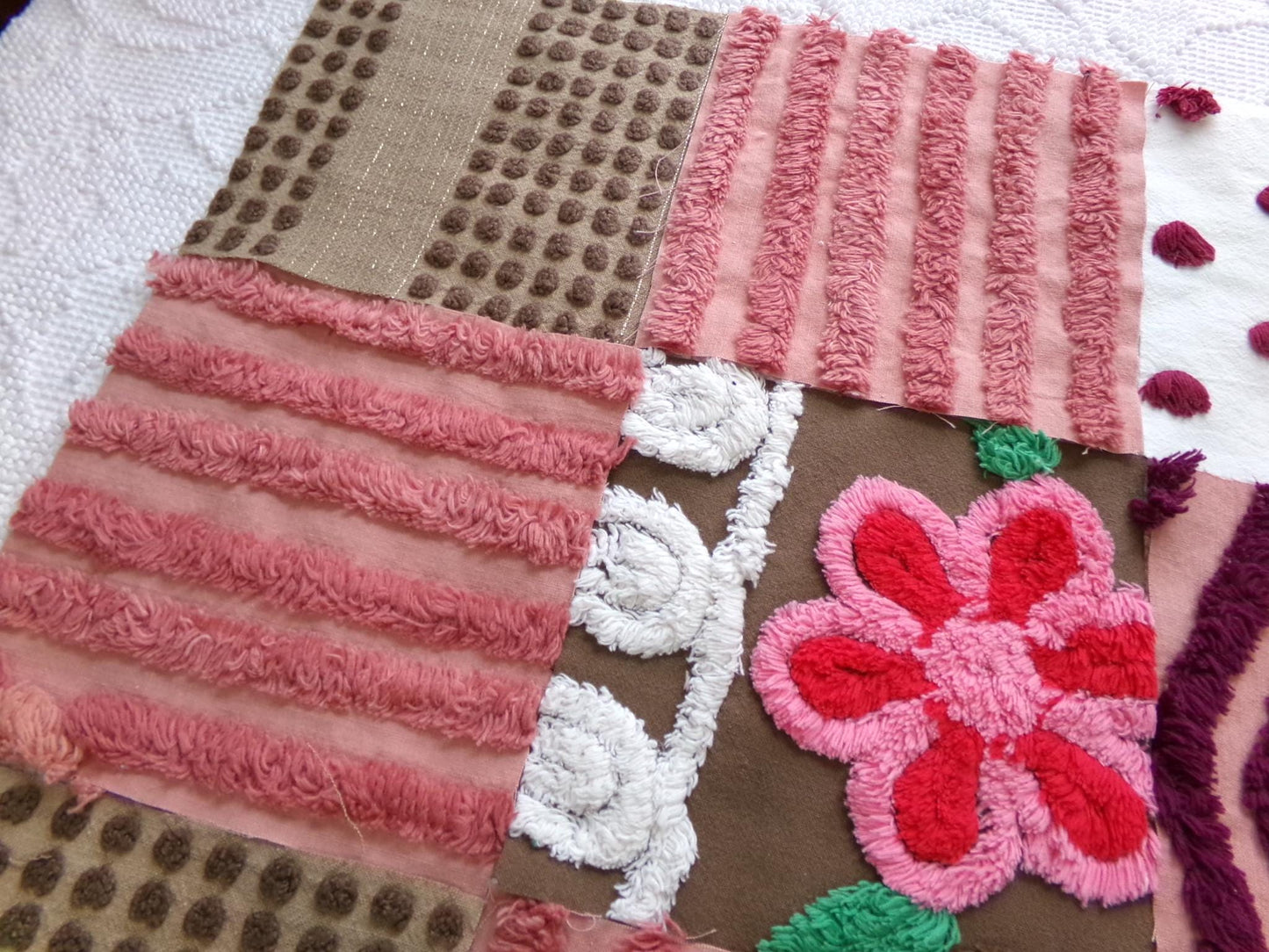 chocolate cake vintage chenille fabric squares, set of 16 yummy 6" craft blocks in brown & mauve pink for quilt inlays, pillows, fiber arts