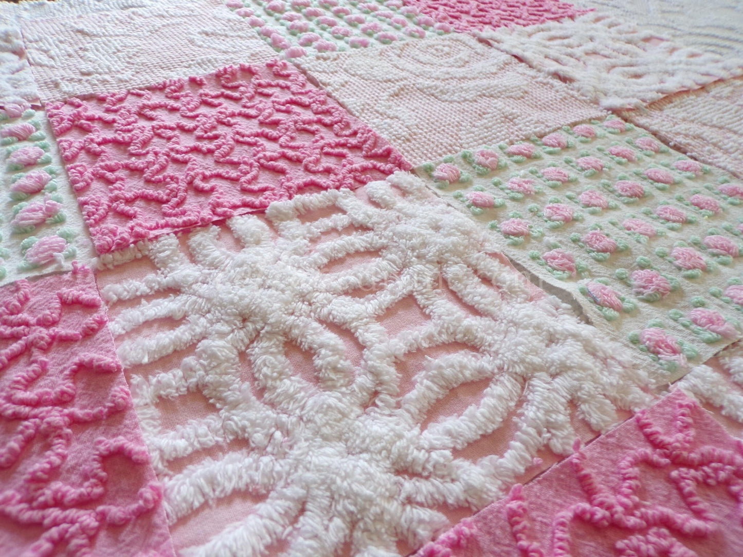 Must Love Pink Chenille Quilt Squares Set from Vintage Bedspread Fabric, 16 Blocks, 6" inch