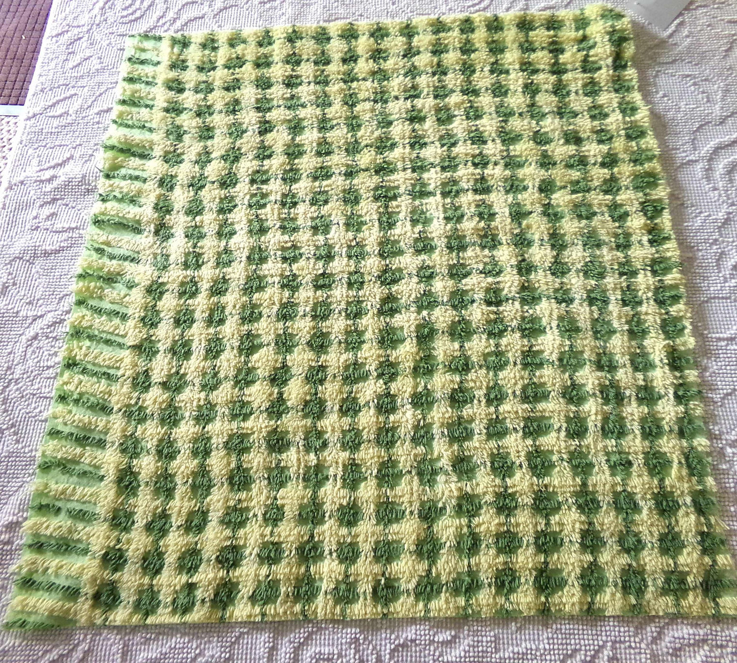 Cheerful Green & Yellow Plaid Vintage Chenille Fabric, 21" x 23" inch Piece, Soft Cotton Blend