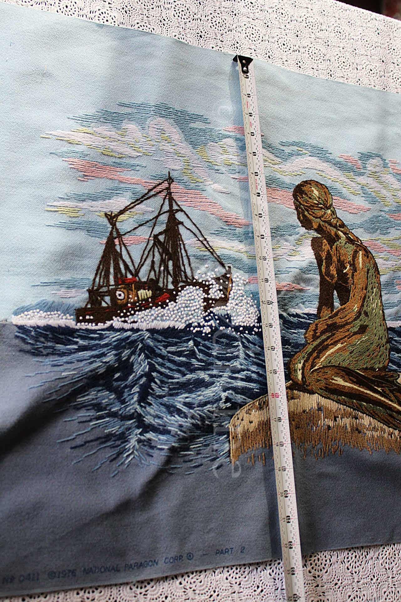 Vintage THE MERMAID Finished 1970s Embroidery Piece, Completed Paragon Crewel Stitchery 0411, Adele Veres