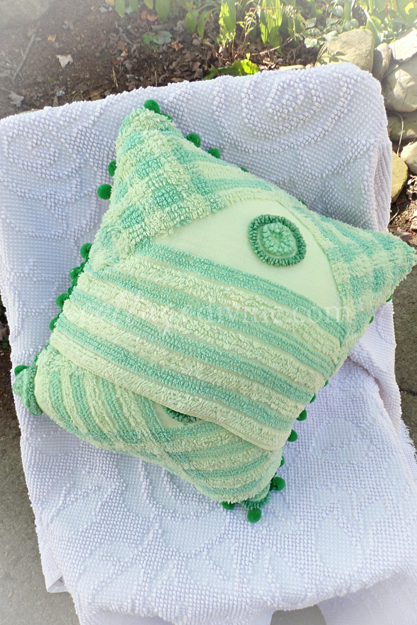 Tropical Bungalow Vintage Chenille Pillow Cover 12" x 12" inch Square, REVERSIBLE Palm Tree Design Accent Pillow & Insert with Pom Pom Trim