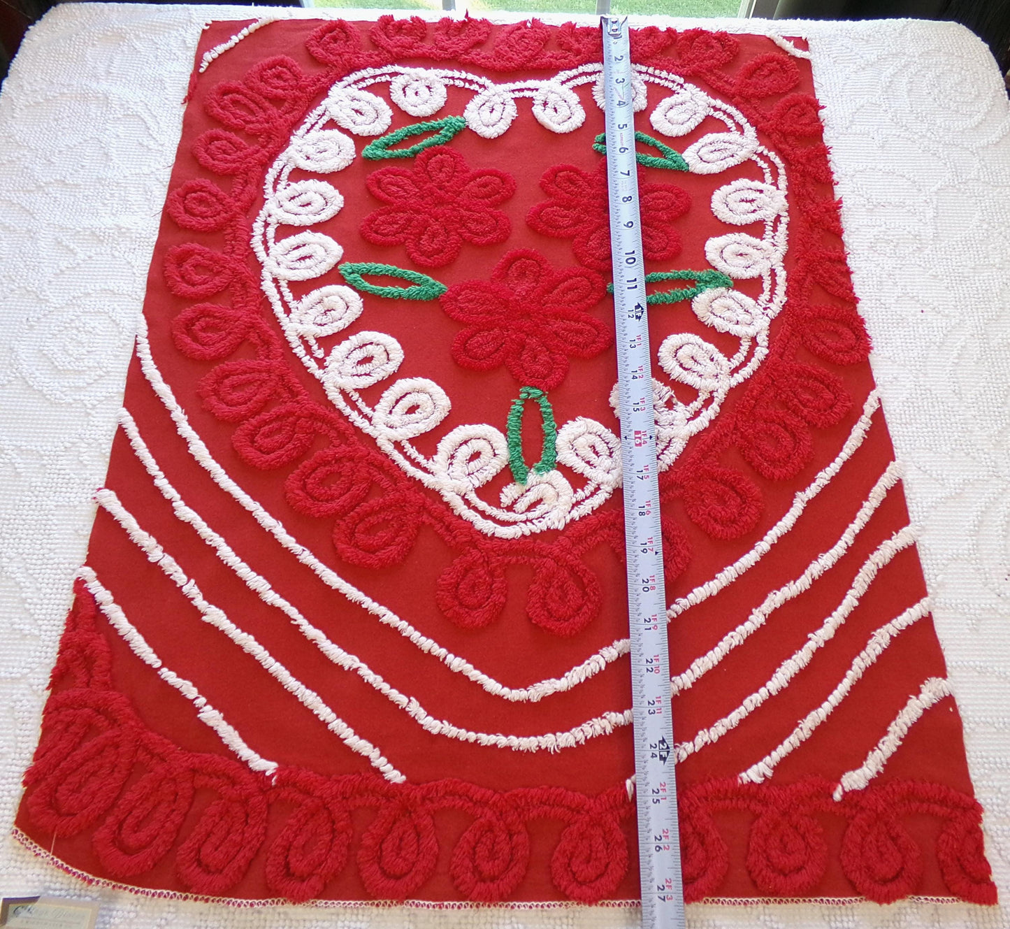 Christmas Heart Vintage Chenille Fabric, Festive Red & White for Crafts, Quilting, 20" x 25" Cut Piece