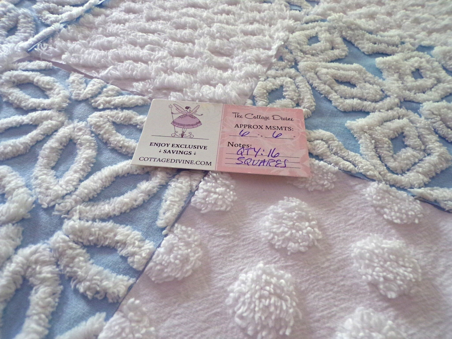 Coastal Classics Quilt Squares Set, from Vintage Chenille Bedspread Fabric, 16 Blocks, 6" x 6" inch, Fluffy Plush Blue & White