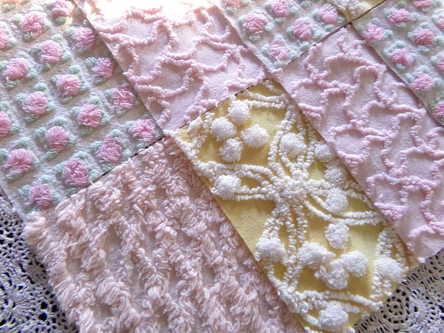 Whispers of Spring Vintage Chenille Fabric Squares Set 16 Blocks, 6" inch ea in Peach, Yellow, Pink & White daisies, rosebud, lattice, pops