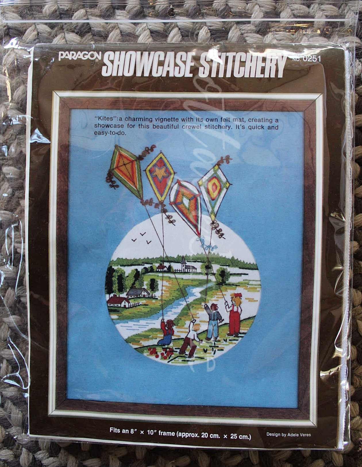 KITES Stitchery Kit Whimsical Vignette Vintage Paragon Creative Crewel Embroidery Design #0251, by Adele Veres, fits 8" x 10" frame
