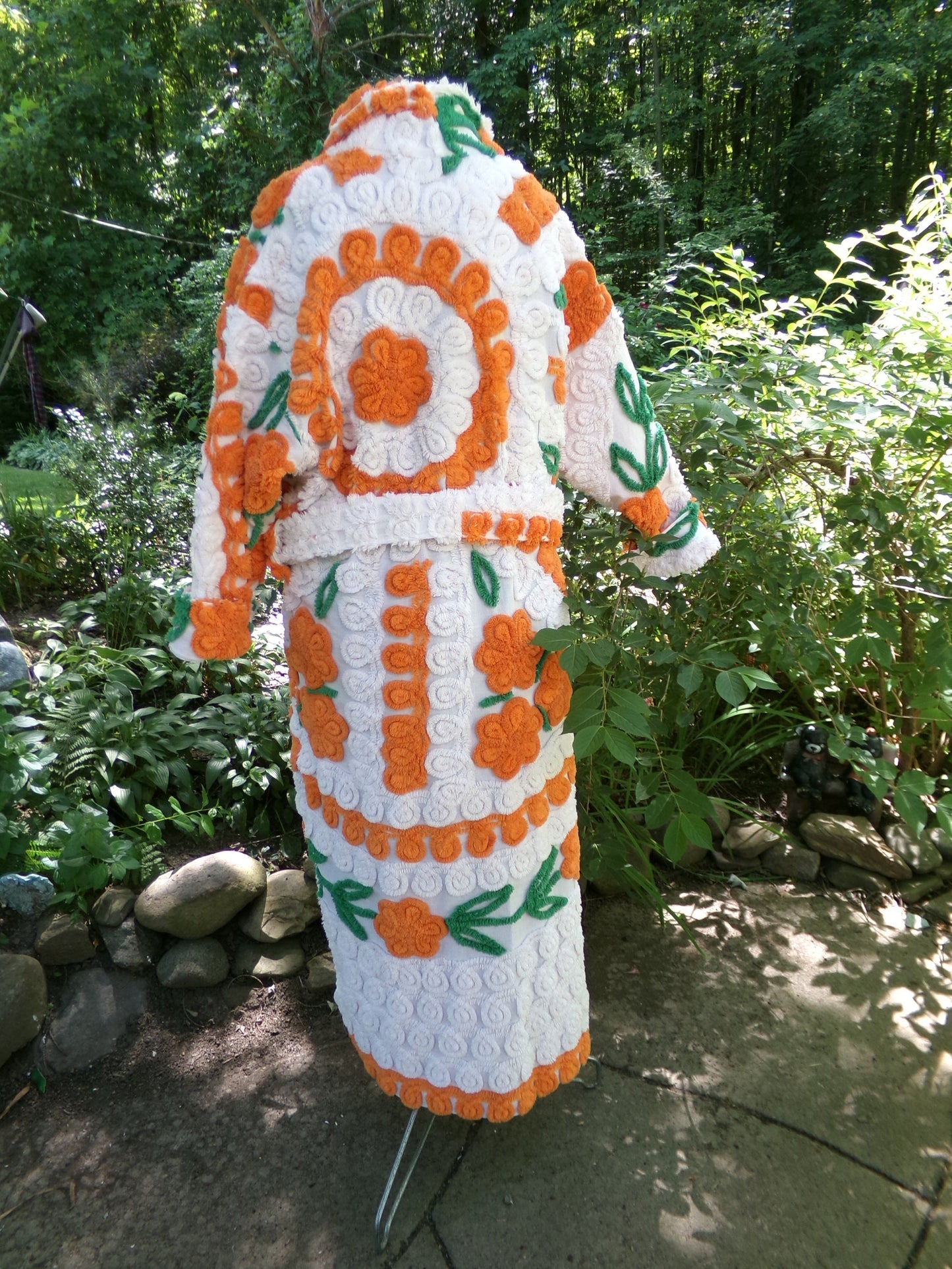Plush & Warm Women's Chenille Robe, "Citrus Dreams" Bathrobe Upcycled from Vintage Chenille Bedspread Fabrics, Size L XL 1X