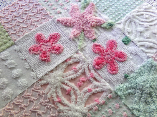 chenille 6" fabric squares, set of 16 vintage quilt blocks in joyful springtime colors of pink, green & white floral and geometric