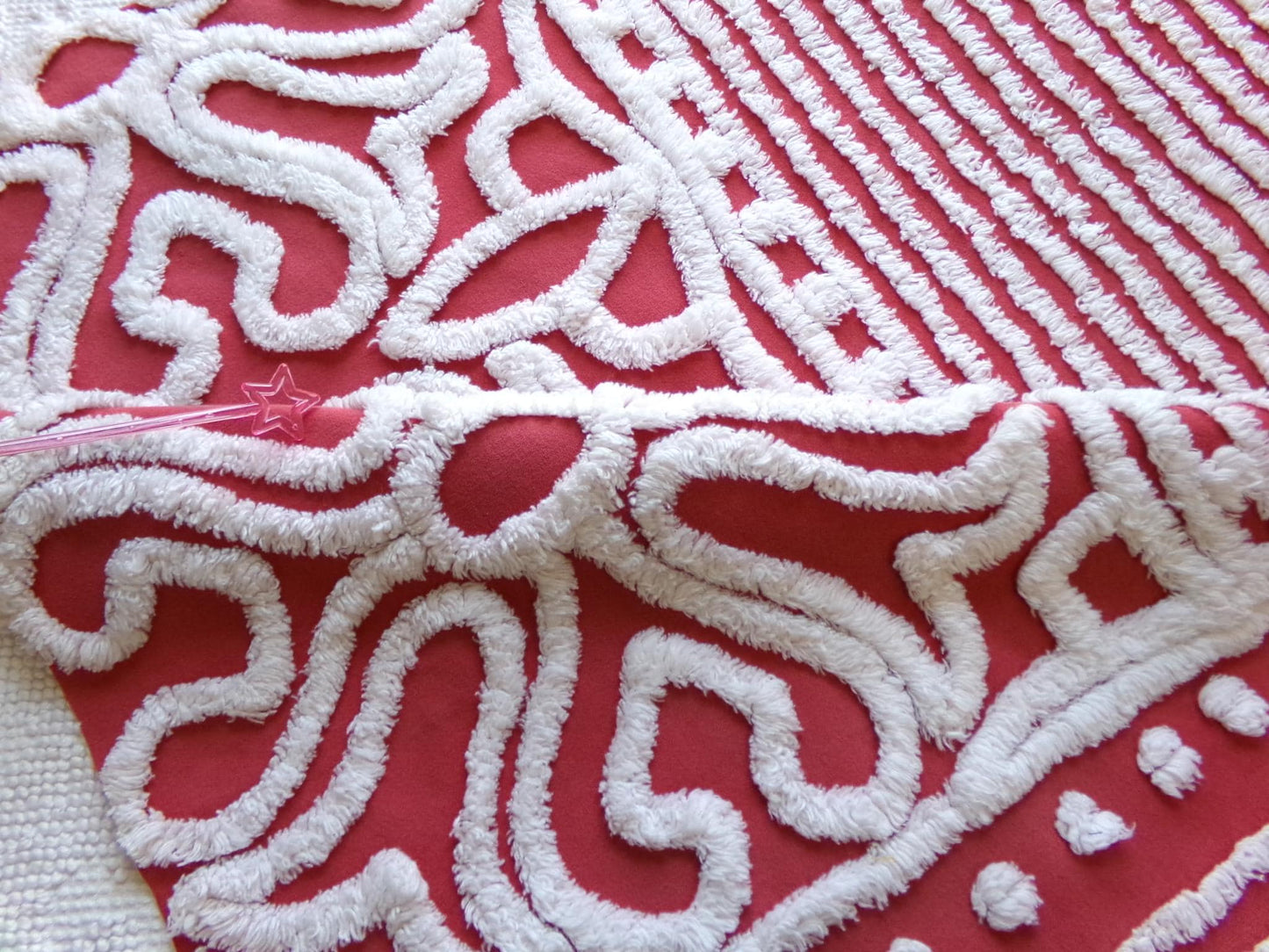 cherry red & white vintage chenille fabric, victorian scroll stripe design, 20" x 24" cut piece of craft, sewing, pillow, quilt material