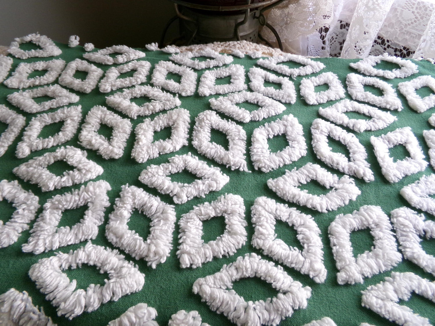 Forest Green Snowflakes Vintage Chenille Material, 18" x 25" inch Fabric Piece, 100% Cotton, Geometric Wedge White Snowflake Design