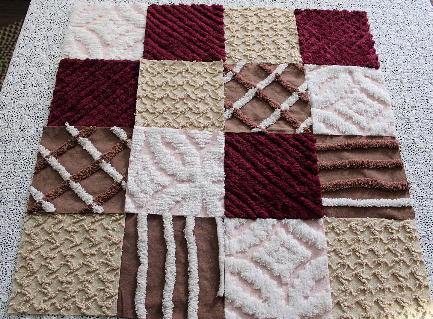 chocolate raspberry chenille fabric squares, 16 vintage quilt blocks, 6" x 6" inches ea, great shades of brown, merlot, mocha, white