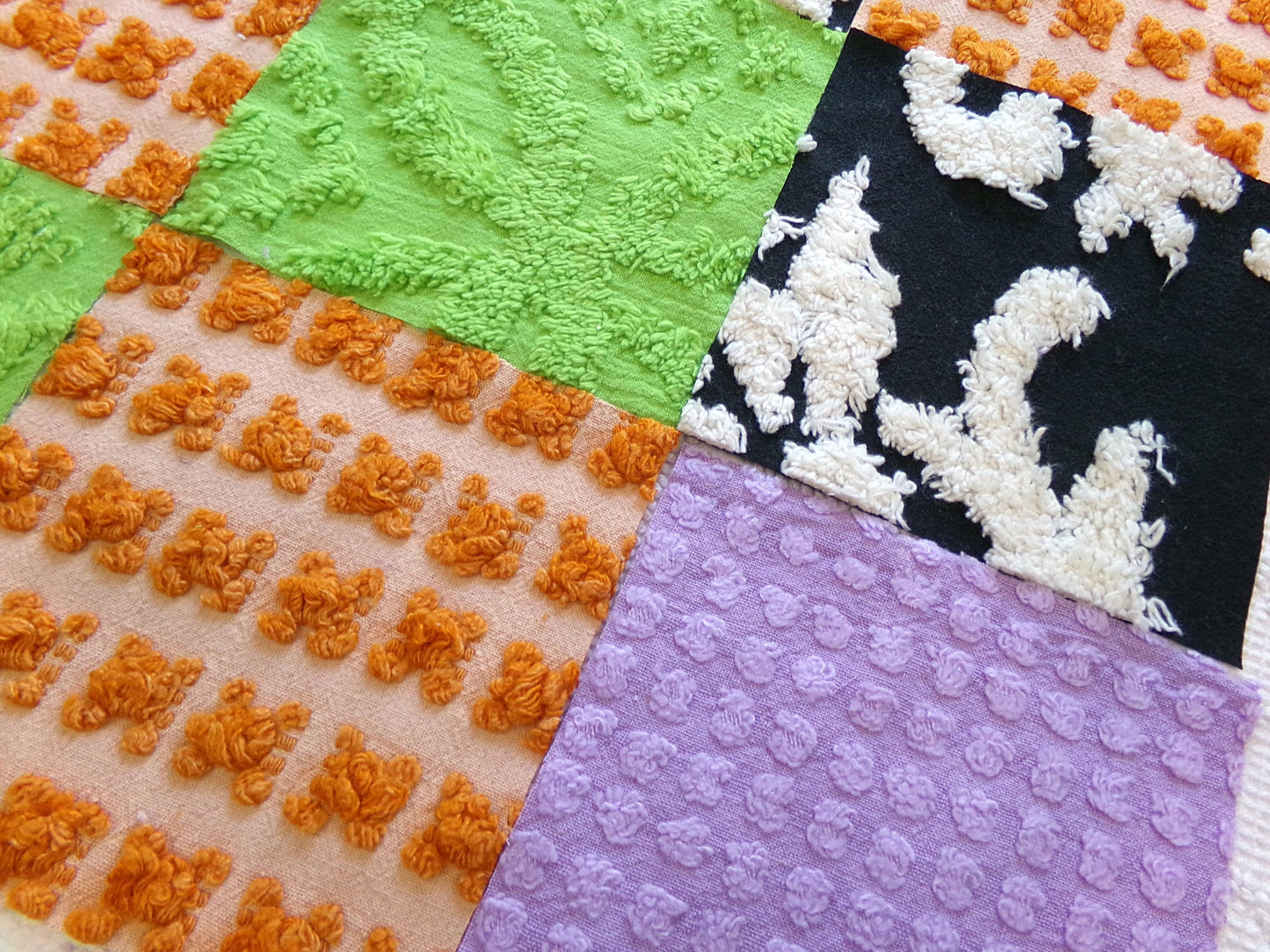 whimsical witch vintage chenille fabric squares, set of 16 playful 6" blocks for crafts, sewing in orange, black, green & lavender
