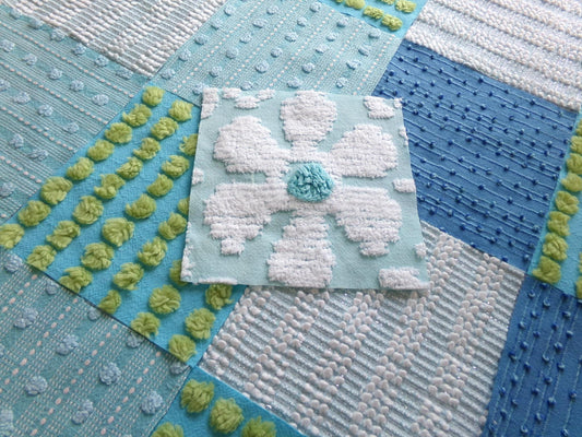 mystic mermaid vintage 6" chenille squares in great colors, set of 17 blue & aqua quilt blocks rotary cut from chenille bedspread fabrics