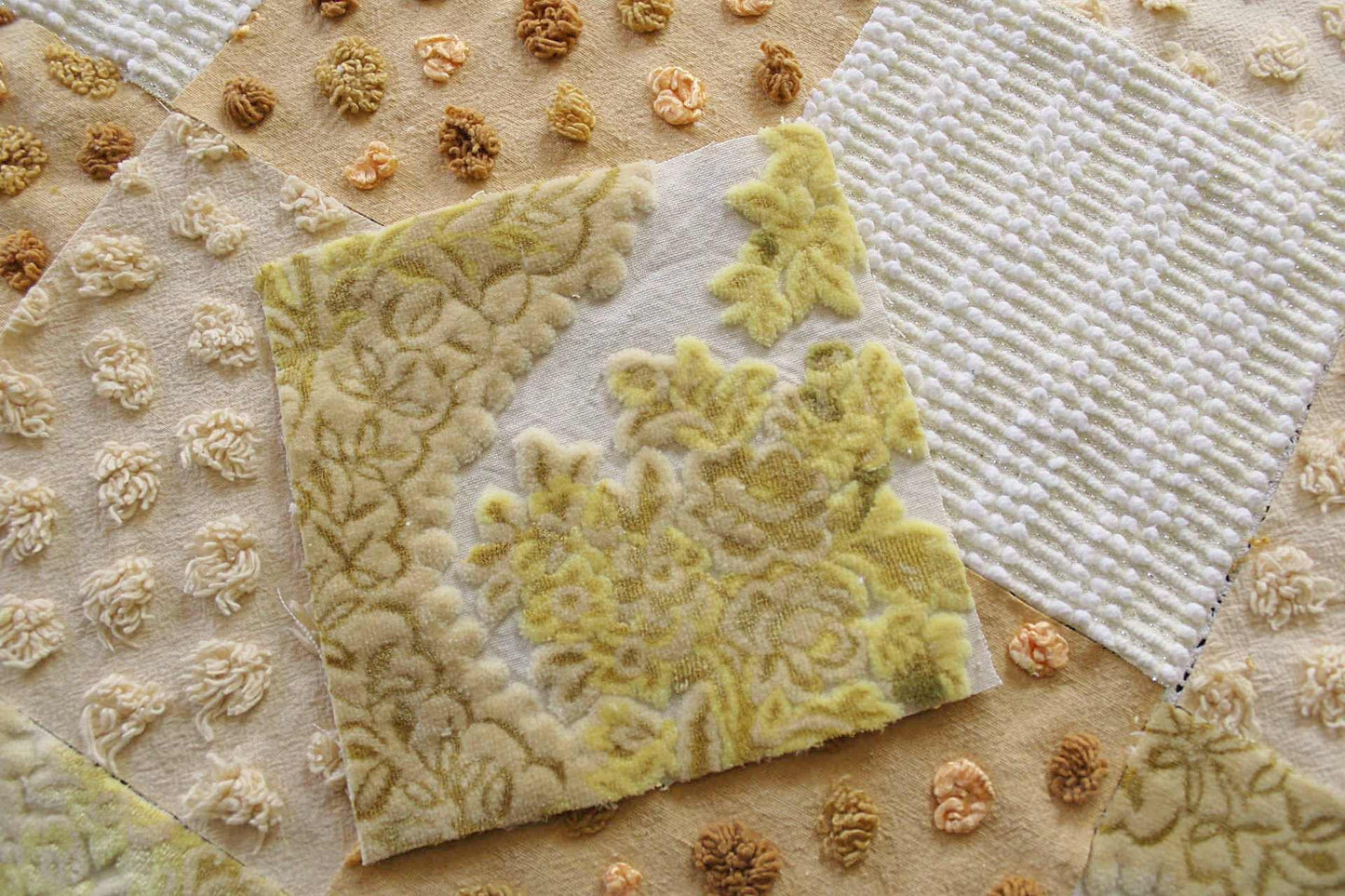 Chenille & Velvet Quilt Squares Set, "Sun Goddess", from Vintage Bedspread Fabric, 16 Blocks, 6" x 6" inches each, Earthtones