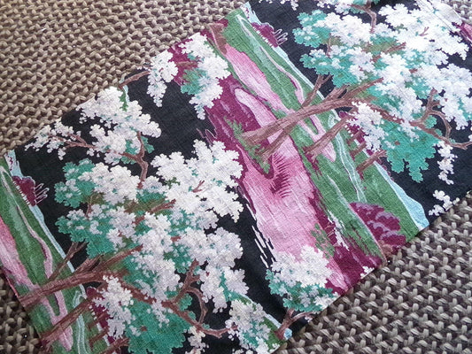 dramatic piece of vintage black barkcloth fabric in mystic tree print, 20" x 35" inch piece from deconstructed curtain panel