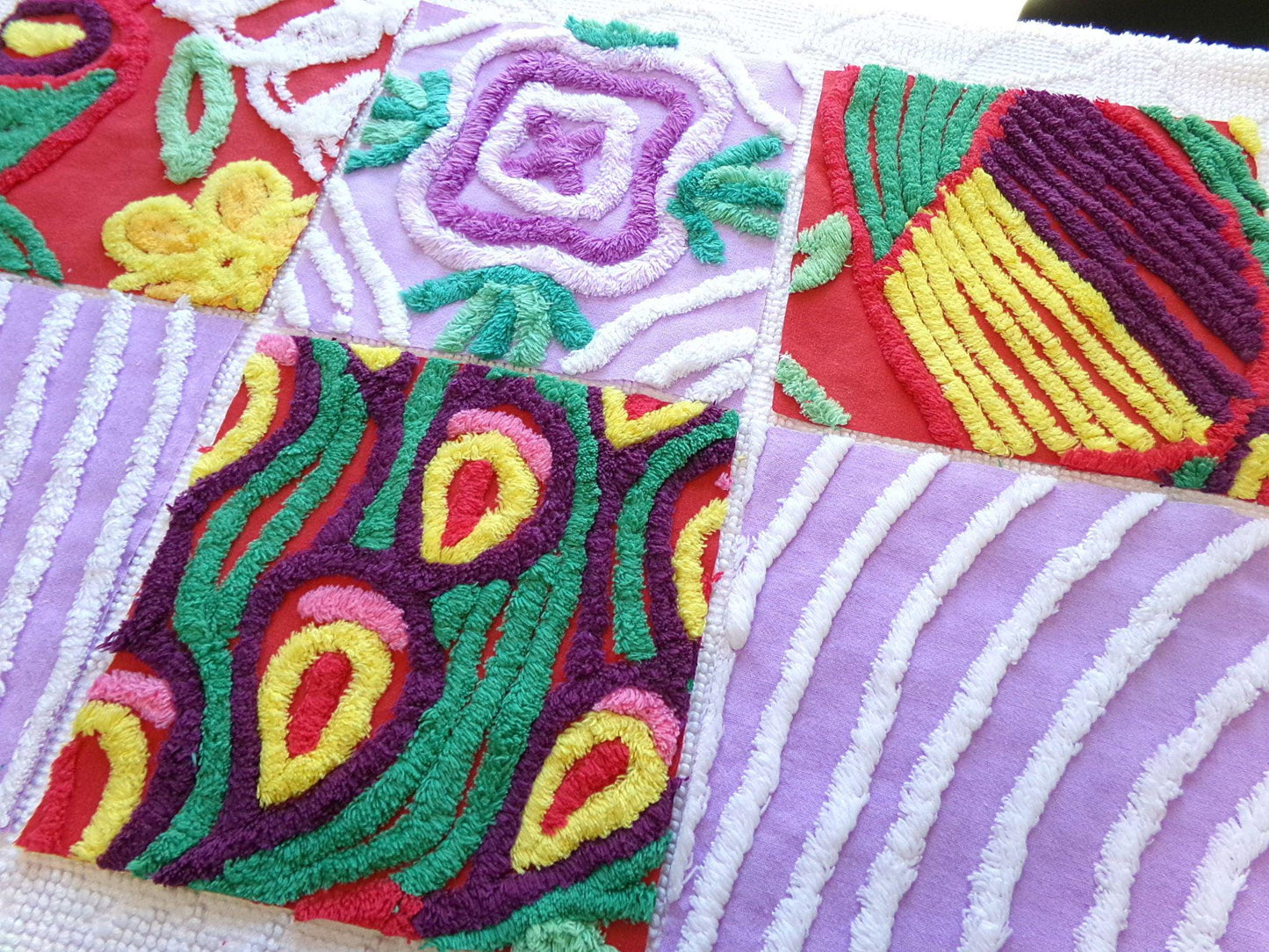 sassy 'n sweet chenille fabric squares, 7.5" vintage quilt blocks in lavender & rich red, set of 6 for sewing, crafts, quilting
