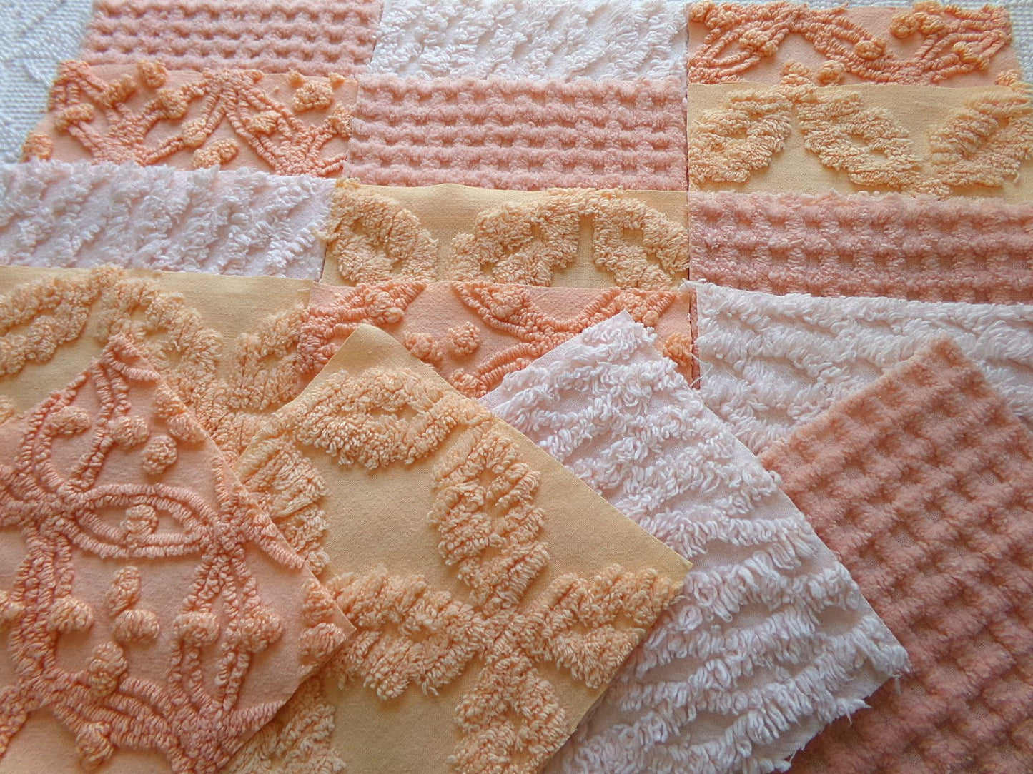 bliss peach chenille fabric squares, set of 16 vintage craft quilt blocks 6" inches, geometric designs for quilt inlays, pillows, fiber arts