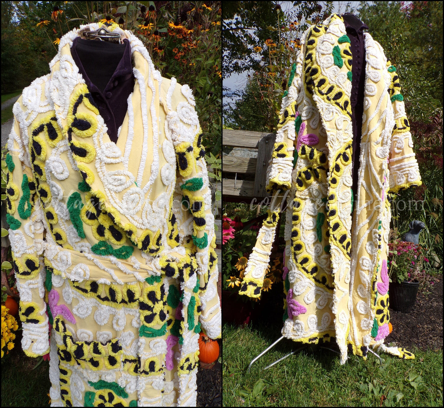 Plus Size Chenille Robe, Rise 'n Shine, XL XXL Bathrobe with Sculpted Cake Frosting Florals in Black & Sunny Yellow, Art to Wear