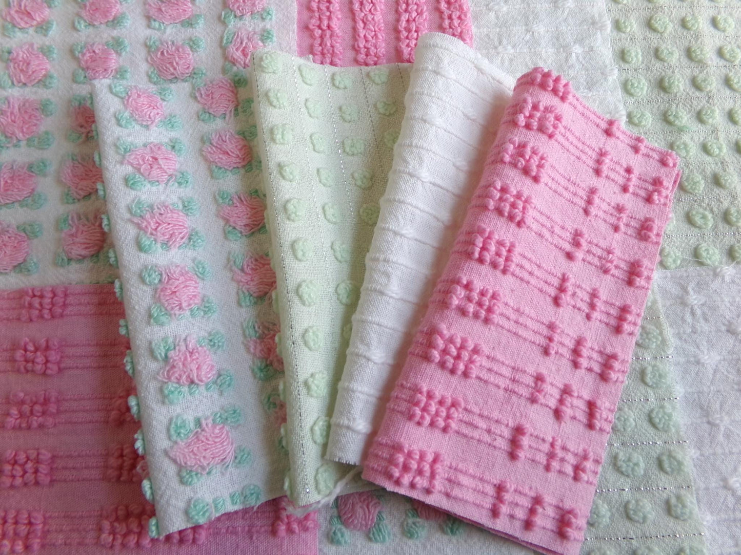 fairytale pink & green chenille fabric squares, set of 12 vintage 6" quilt blocks in crafty girl's dozen, popular squiggles, rosebud, dots