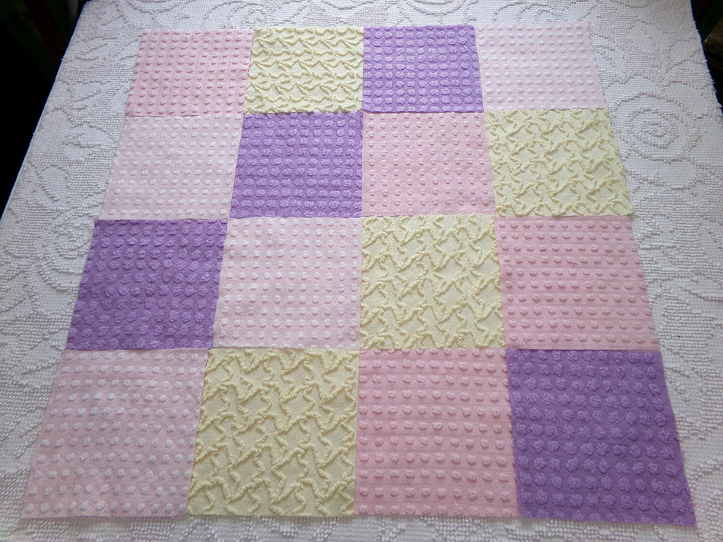 fairy magic 6" chenille fabric squares, set of 16 pink, yellow & lavender quilt blocks for quilting, sewing, crafts