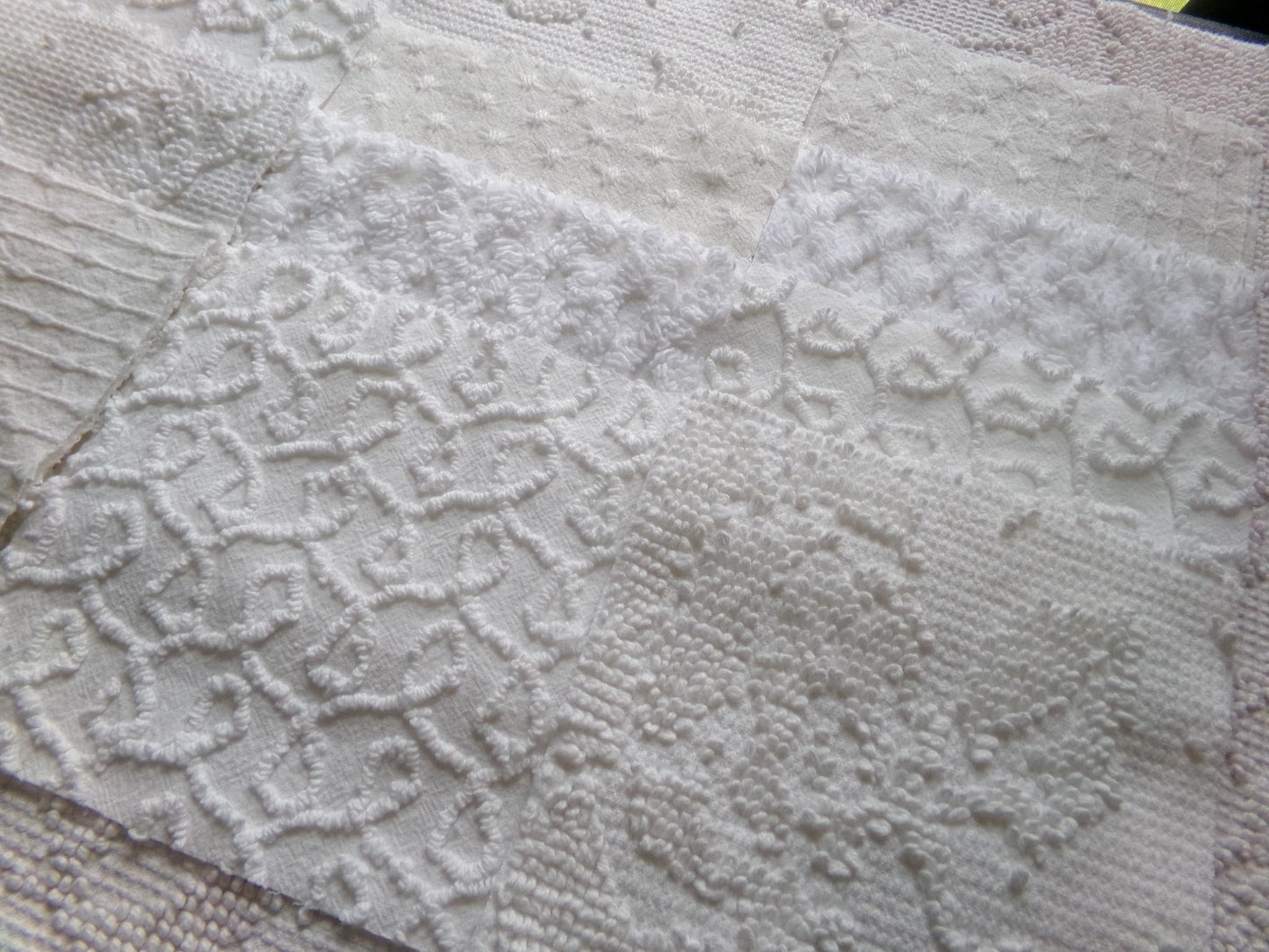 white vintage 6" chenille squares, set of 12 quilt blocks in a classic selection of popular patterns for sewing & crafts