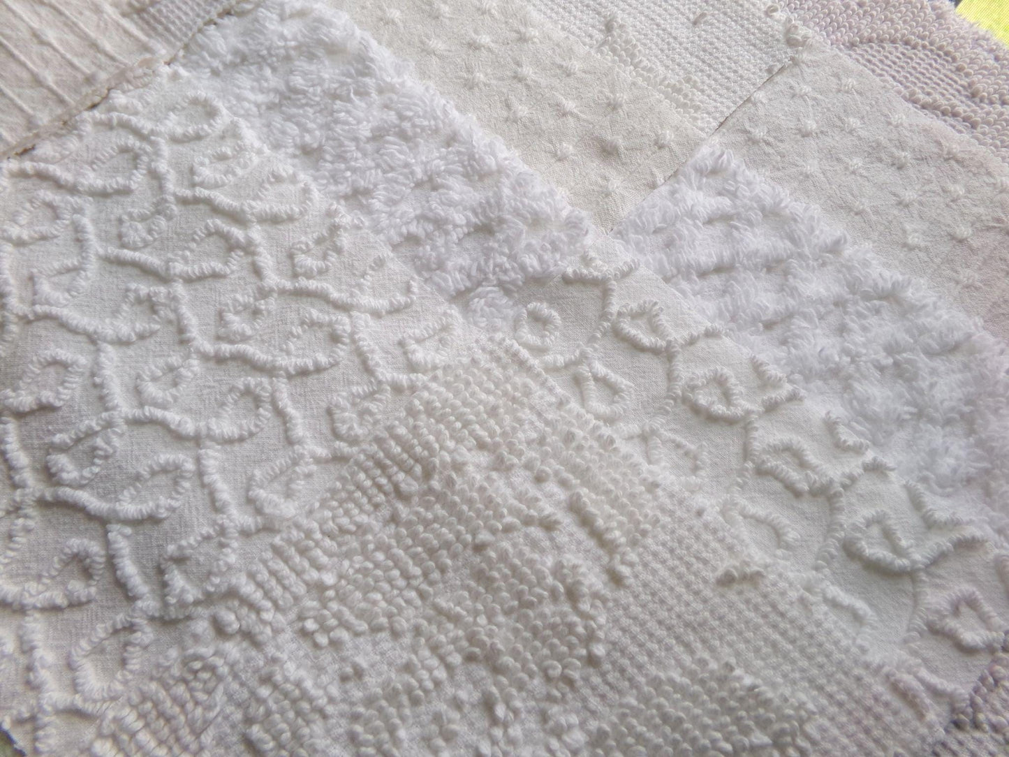 white vintage 6" chenille squares, set of 12 quilt blocks in a classic selection of popular patterns for sewing & crafts