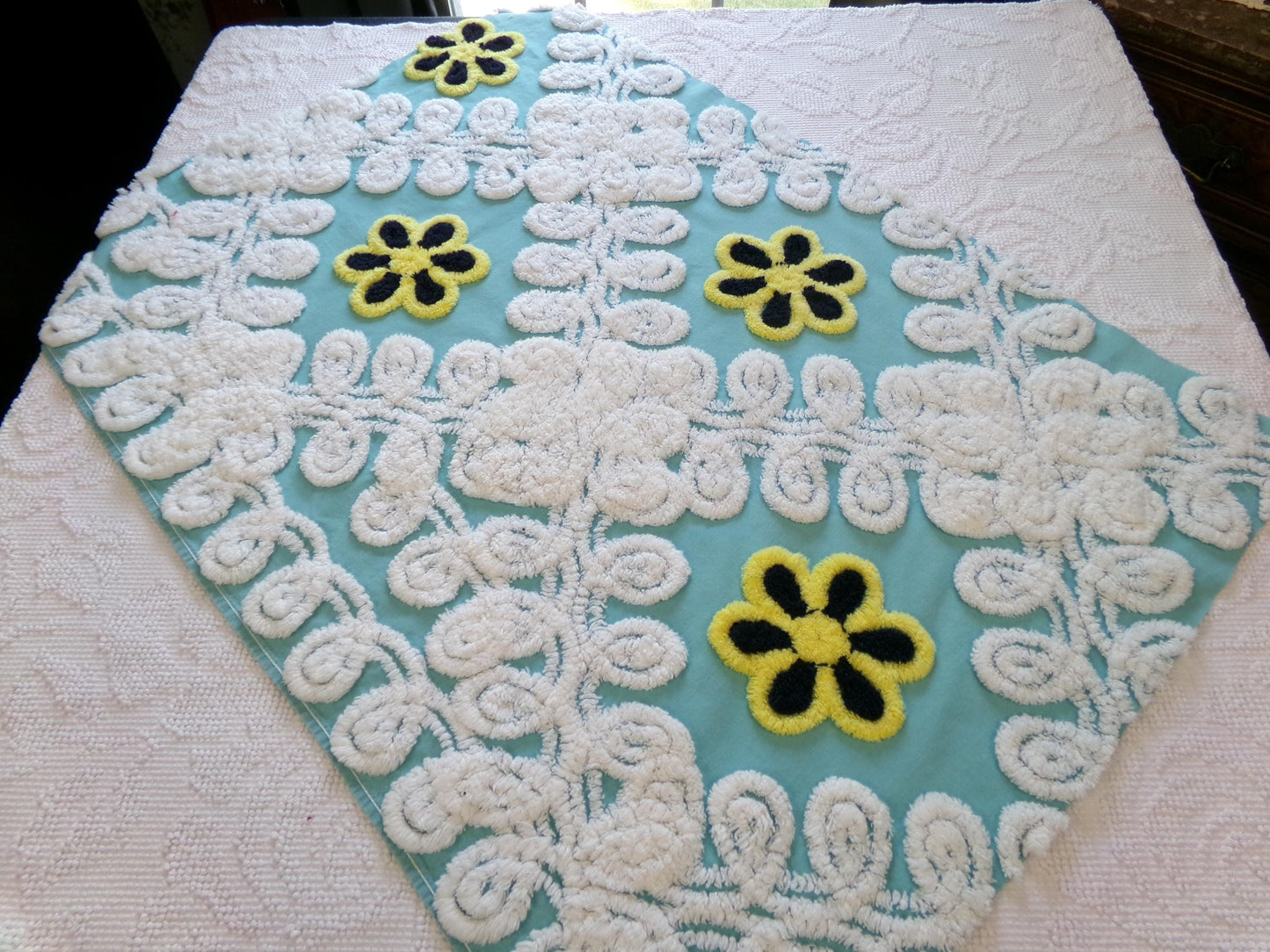 beach chic vintage chenille fabric, bubble white, seaglass blue, 21" x 30" piece of cotton sewing material for crafts, quilts, pillows