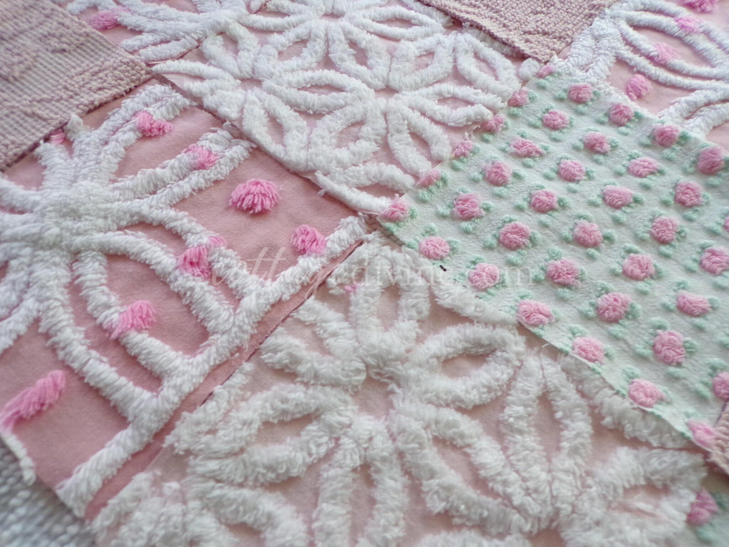 angel pinks vintage chenille fabric squares, rosebuds, daisy patterns, set of 16 quilting blocks, 6" x 6" each, pretty in patchwork pillows