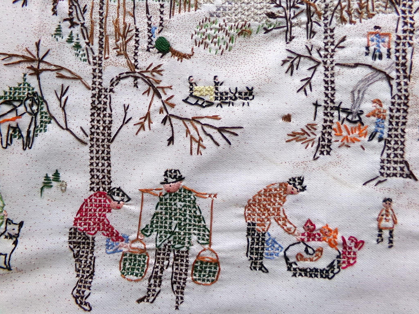 Grandma Moses SUGARING OFF Completed Cross Stitch Embroidery Paragon Stitchery 0210 - Rustic Country Winter Scene