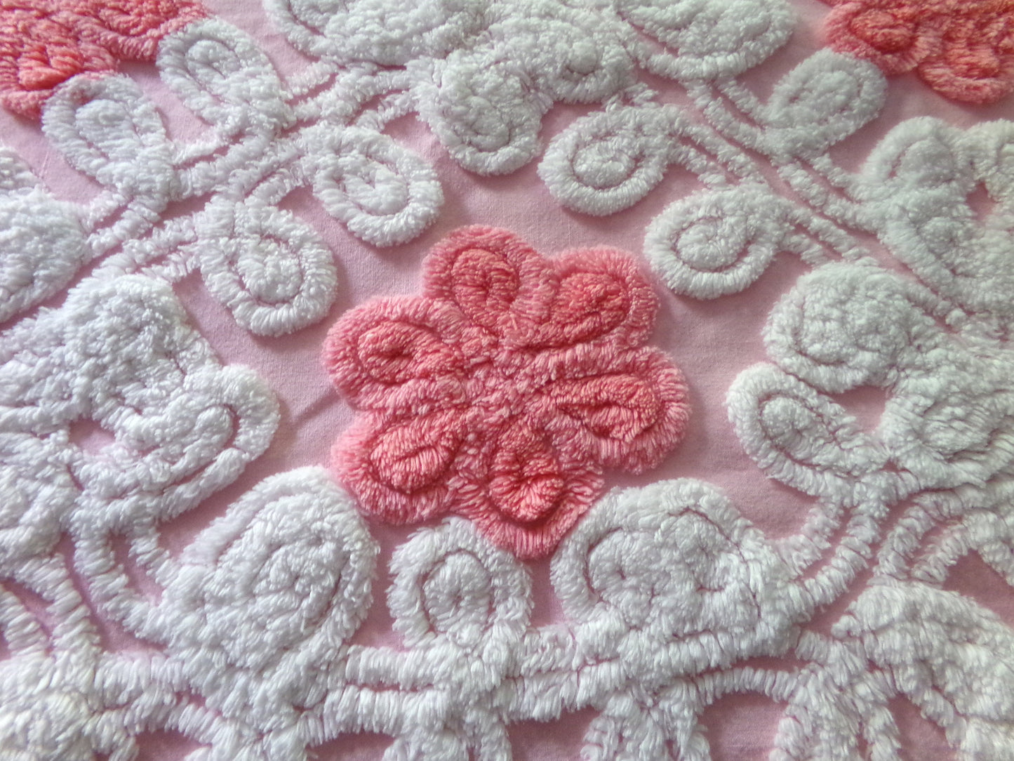 cupcake frosting pink chenille fabric, plush floral curlicue swirls, 22" x 25" inch piece of vintage material for sewing pillows & quilts