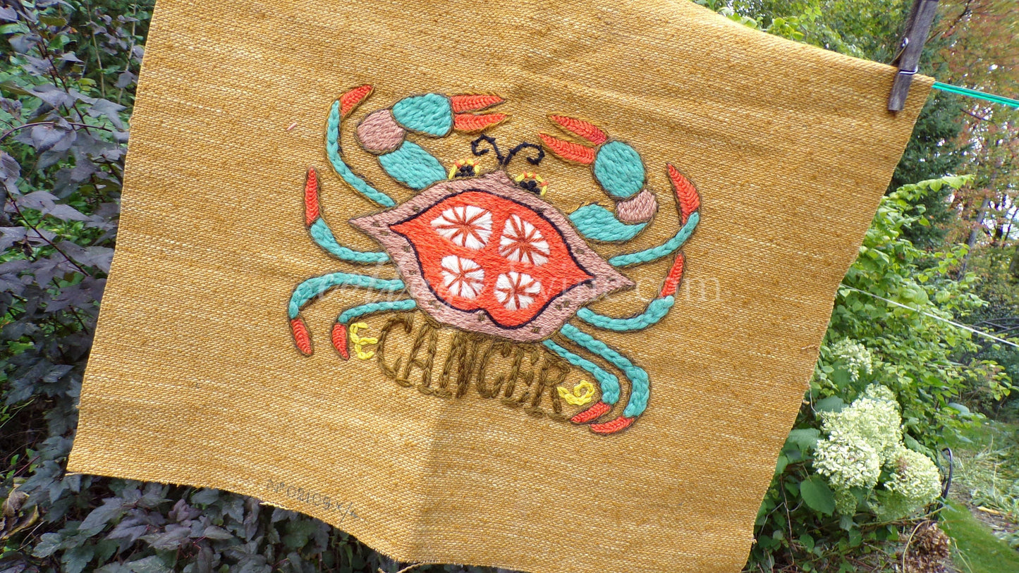 CANCER Rare Zodiac Vintage Astrology Embroidery, Paragon Crewel Stitchery, Completed, an Original 1969 Barbara Sparre Design