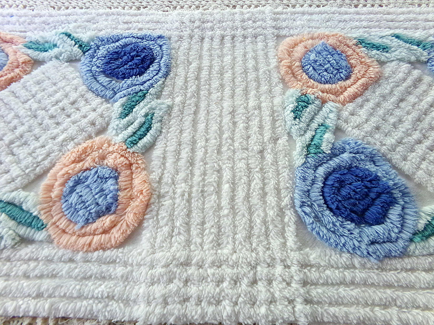 Pretty Vintage Chenille Fabric in Two Tone Blue & Iced Peach Roses on White, 13" x 30" inch Piece, Ideal for DIY Pillow Covers