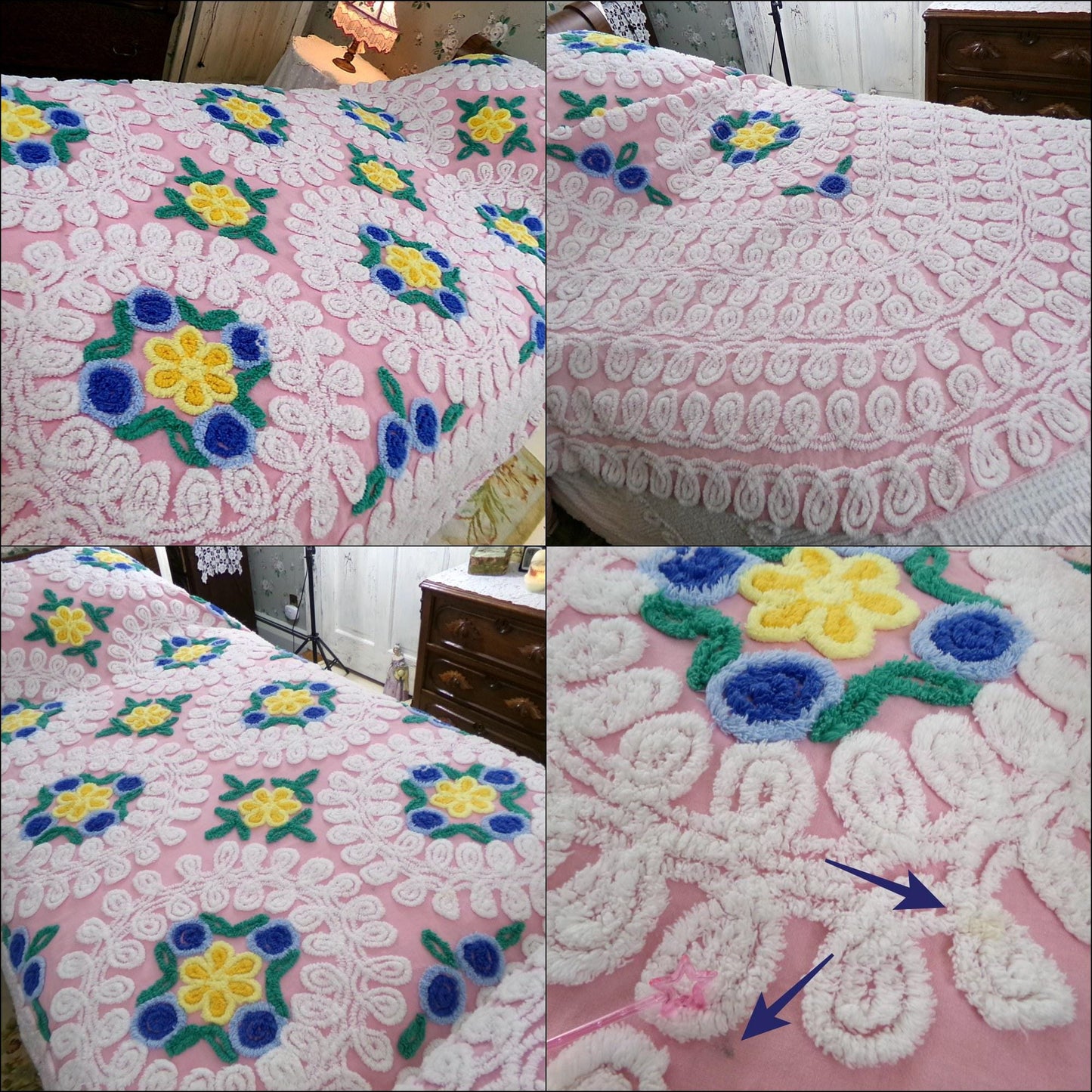 shabby plush pink vintage chenille bedspread, popular wedding cake florals, retro cottage glamour full size bedding