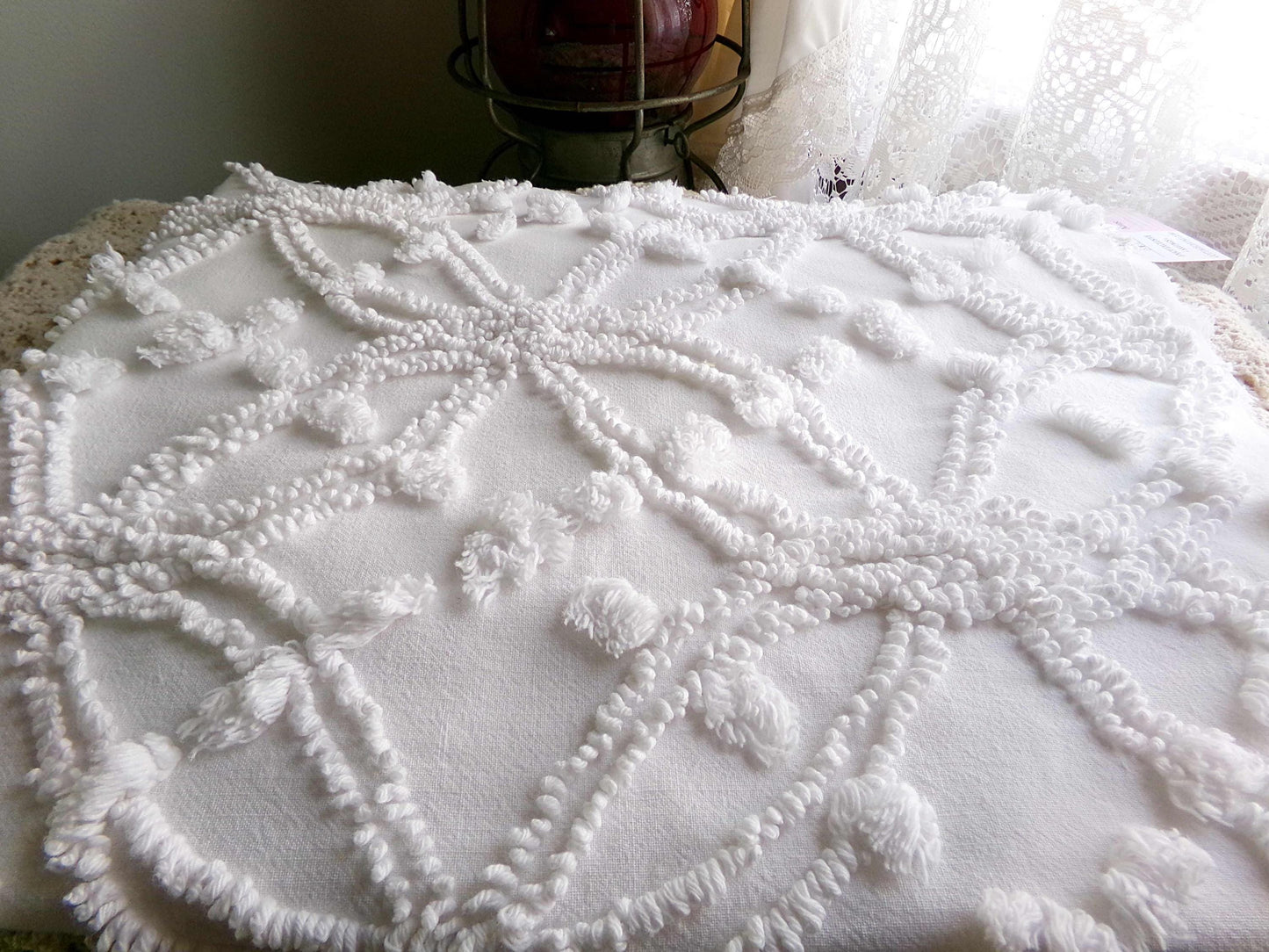 Traditional White Vintage Chenille Fabric in Classic Wedding Ring Pops Design, 20" x 25" Inch Piece, Versatile in Pillows, Quilts & Crafts